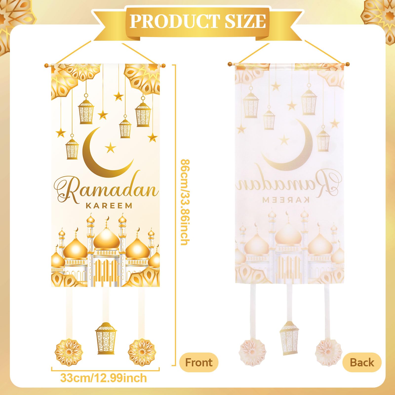 Eid Mubarak Ramadan Hanging Door Decoration-White Gold Moon Lantern Hanging Banner For Ramadan Decorations, 2024 Ramadan Decor E