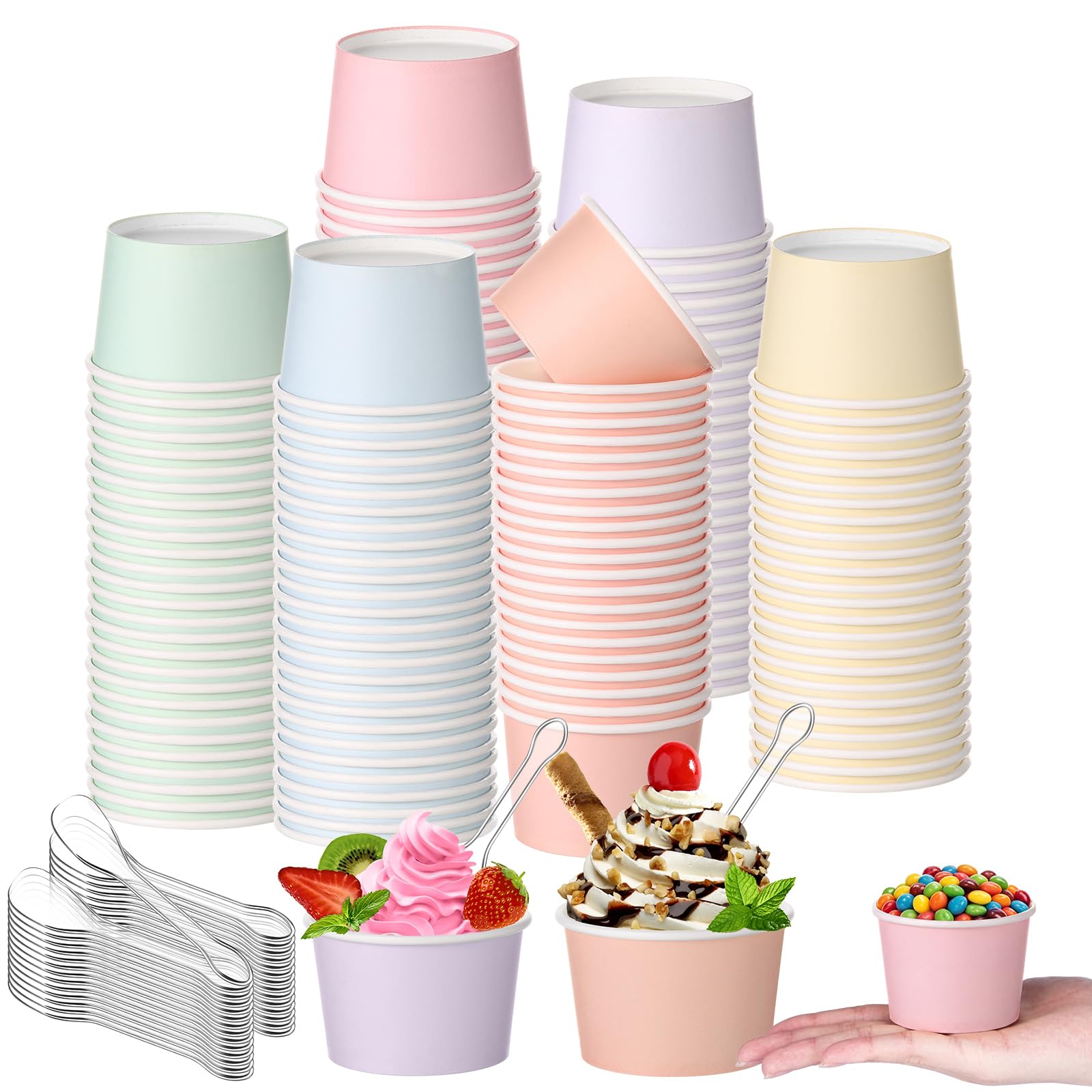 Boao 100 Set 5 oz Ice Cream Cups with Spoons Disposable Paper Sundae Dessert Bowls Summer Party Supplies (Pastel)