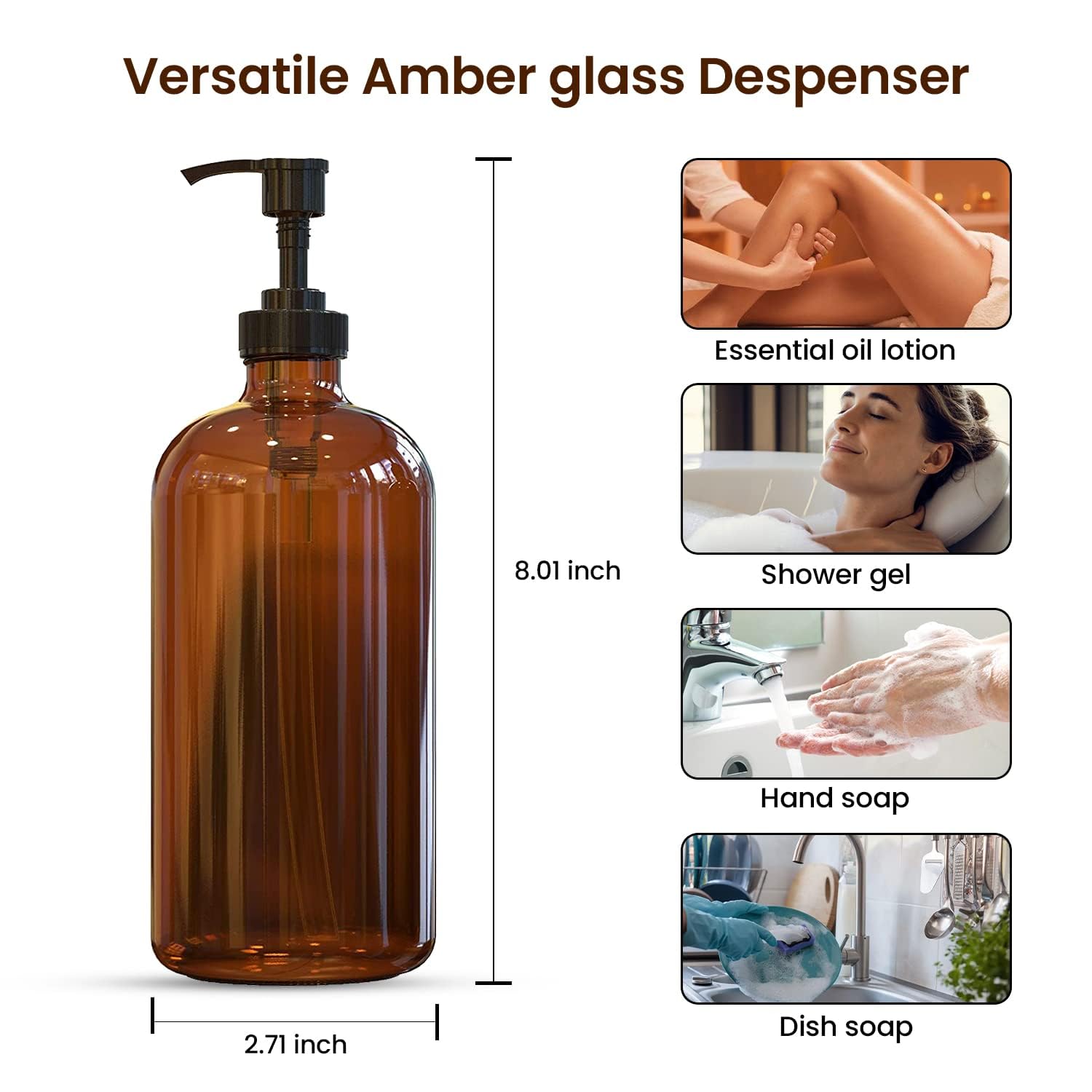 Sunrise Premium, 16 Oz Thick Amber Glass Soap Dispenser With Plastic Pump 2 Pack, Hand And Dish Soap Dispenser Set For Bathroom