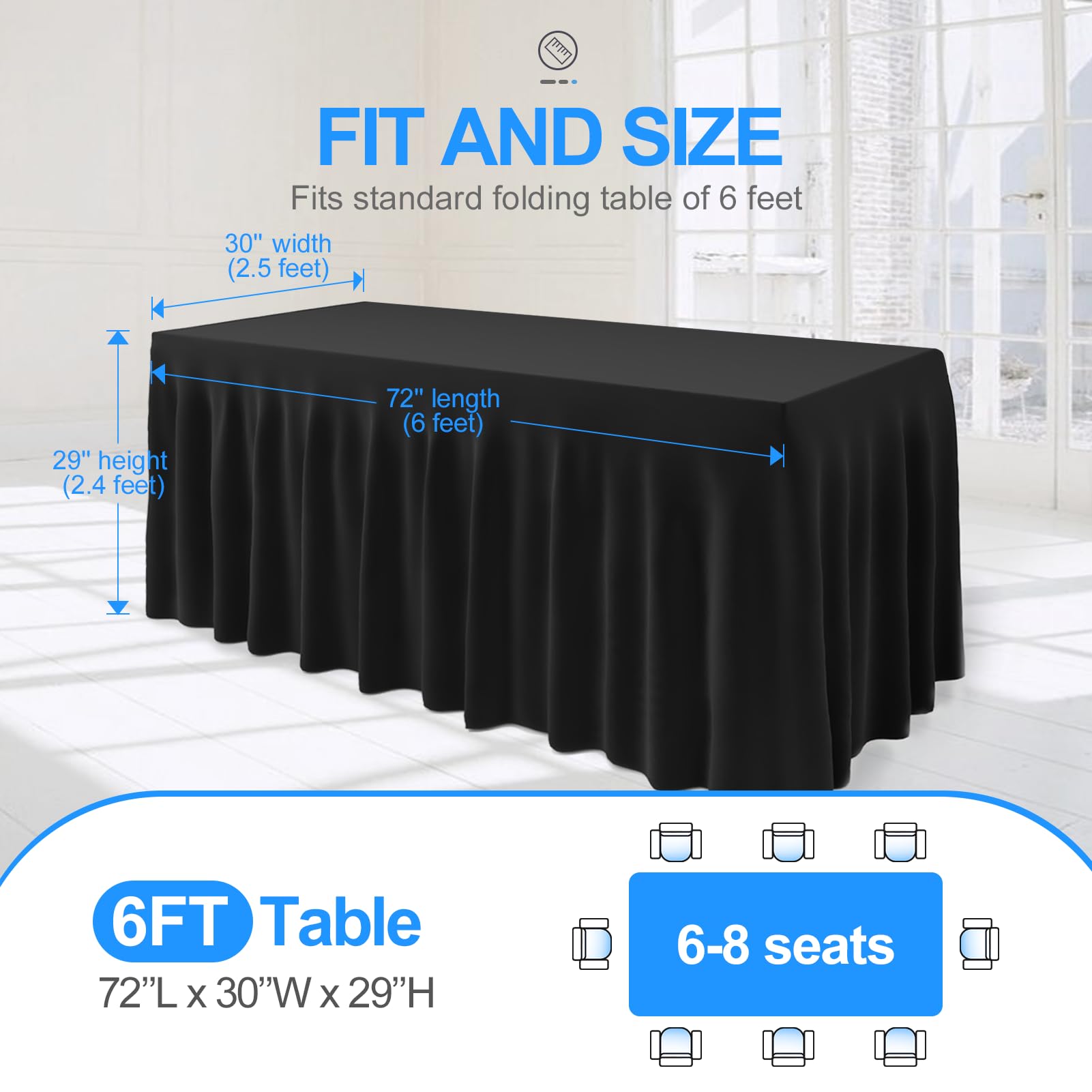 Emart Rectangle Table Skirt For 6Ft, Black Spandex Tablecloth Wrinkle Resistant Cover For Banquet Wedding Birthday Party