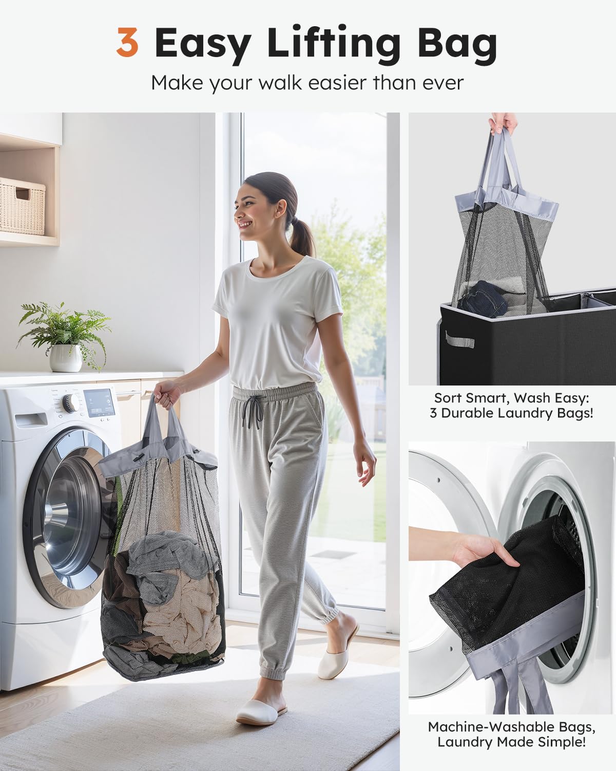 Soledi 180L Laundry Hamper 3 Section, Extra Large Laundry Hamper With Lid, Dirty Clothes Hamper With Sturdy Handle, Large Laundr