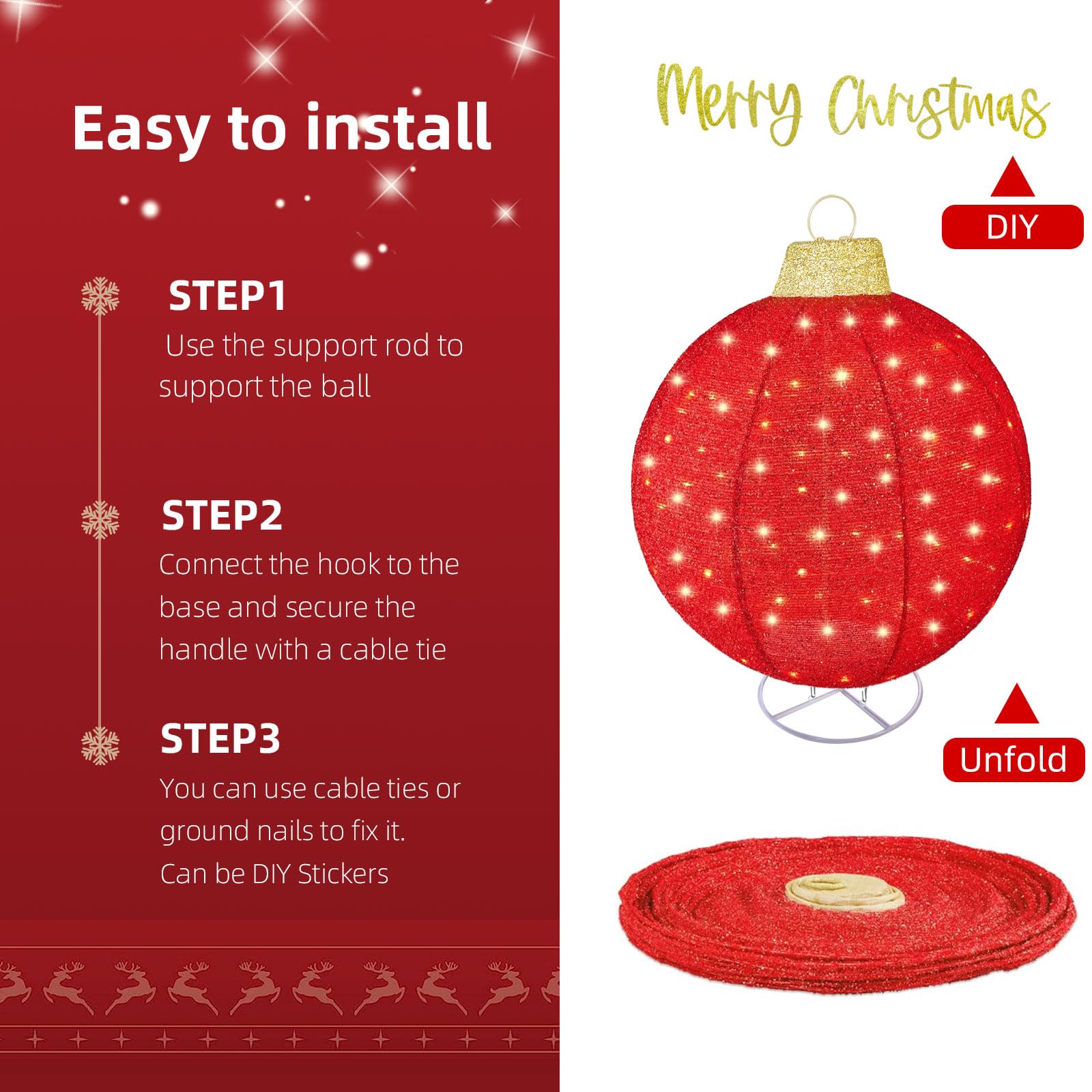 HOYECHI 2pc Lighted Pop-Up Outdoor Christmas Ornament Set - Holiday Ball Decorations with 200 LED Lights, 8 Lighting Modes, for