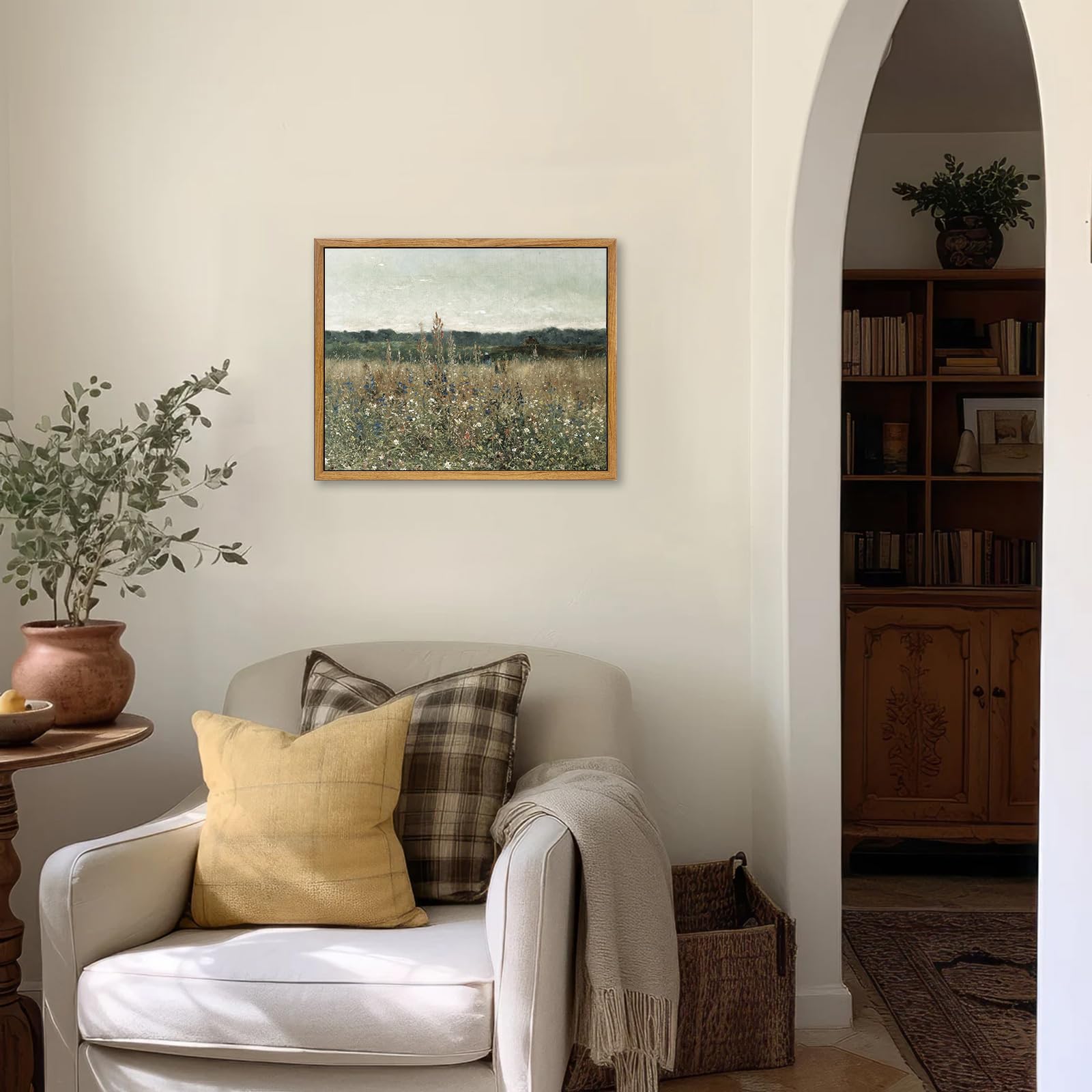 Kbkbart Framed Canvas Print Wall Art, Vintage Wall Art Wildflower Field Vintage Print, Neutral Country Meadow Landscape Nature P
