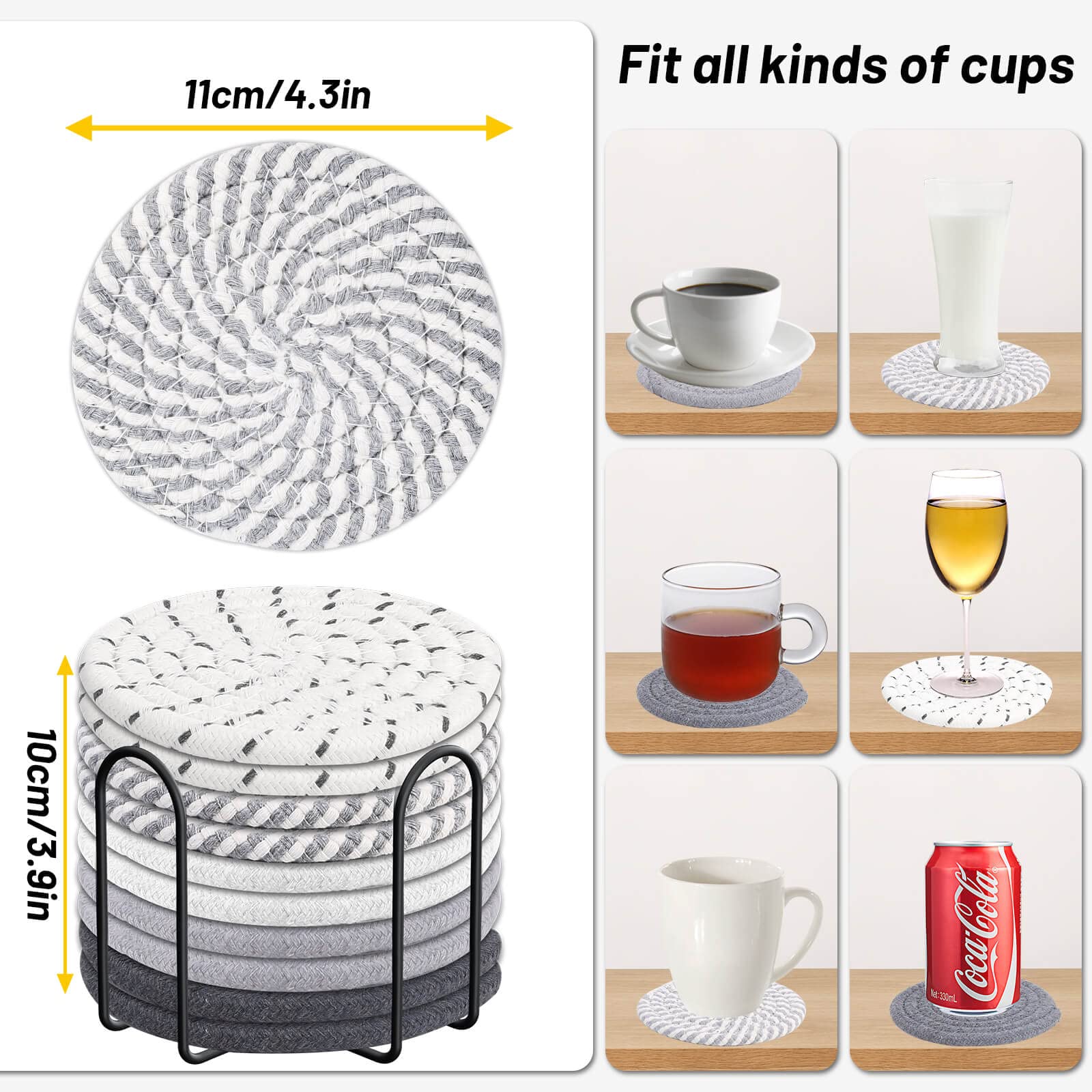 Billbotk 10 Pieces Coasters For Drink Absorbent, 5 Colors Drink Coasters With Holder, Woven Coasters Set For Coffee Table, Woode