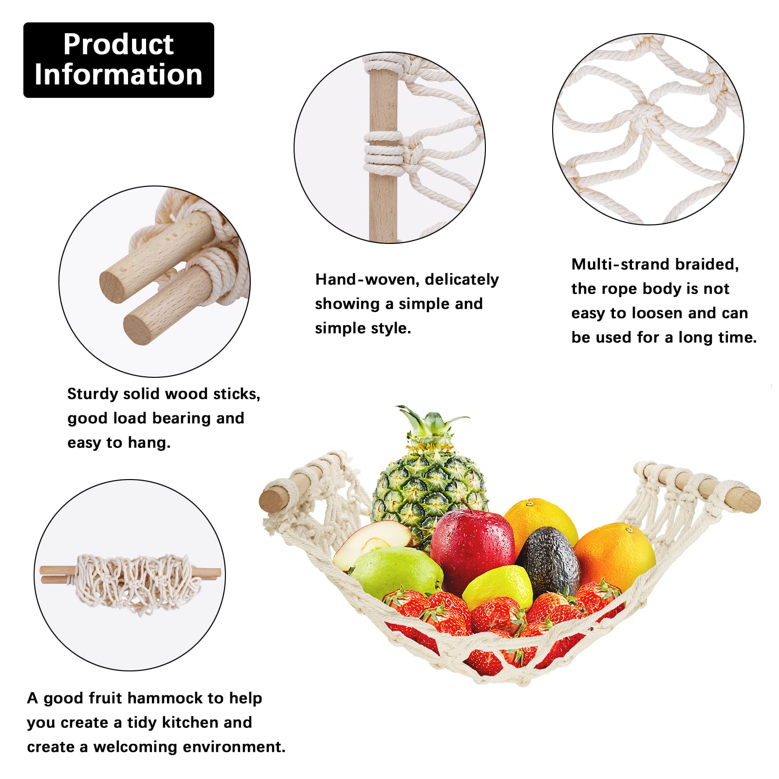Fruit Basket Hammock Under Cabinet Adhesive, Woven Vegetable Hanging Basket, Fruit Storage For Kitchen With Banana Hooks, Mesh F