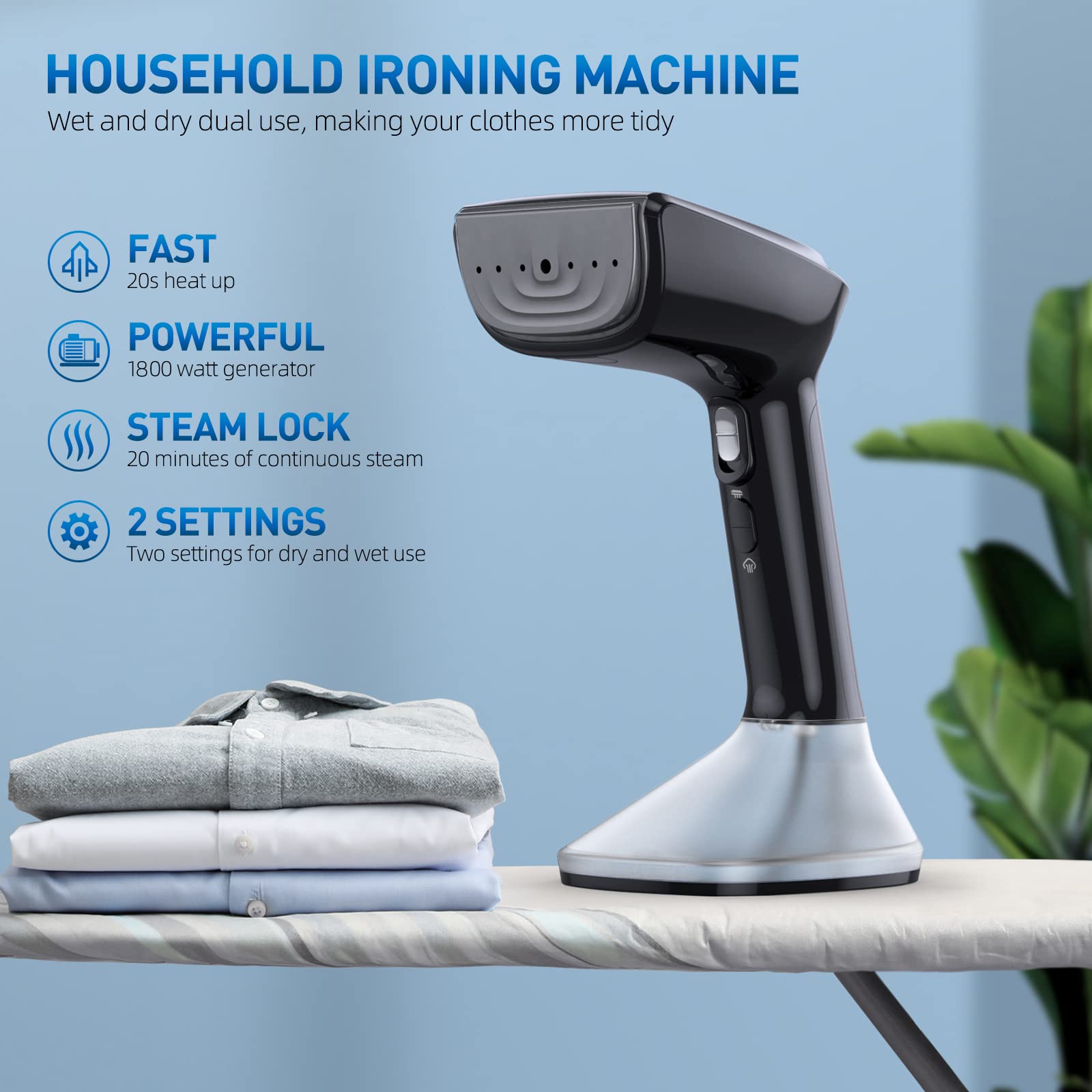 Steamer For Clothes -1800W With Wet/Dry Ironing Modes, 20-Second Heat-Up, Detachable Water Tank, Heat-Resistant Gloves For Wrink