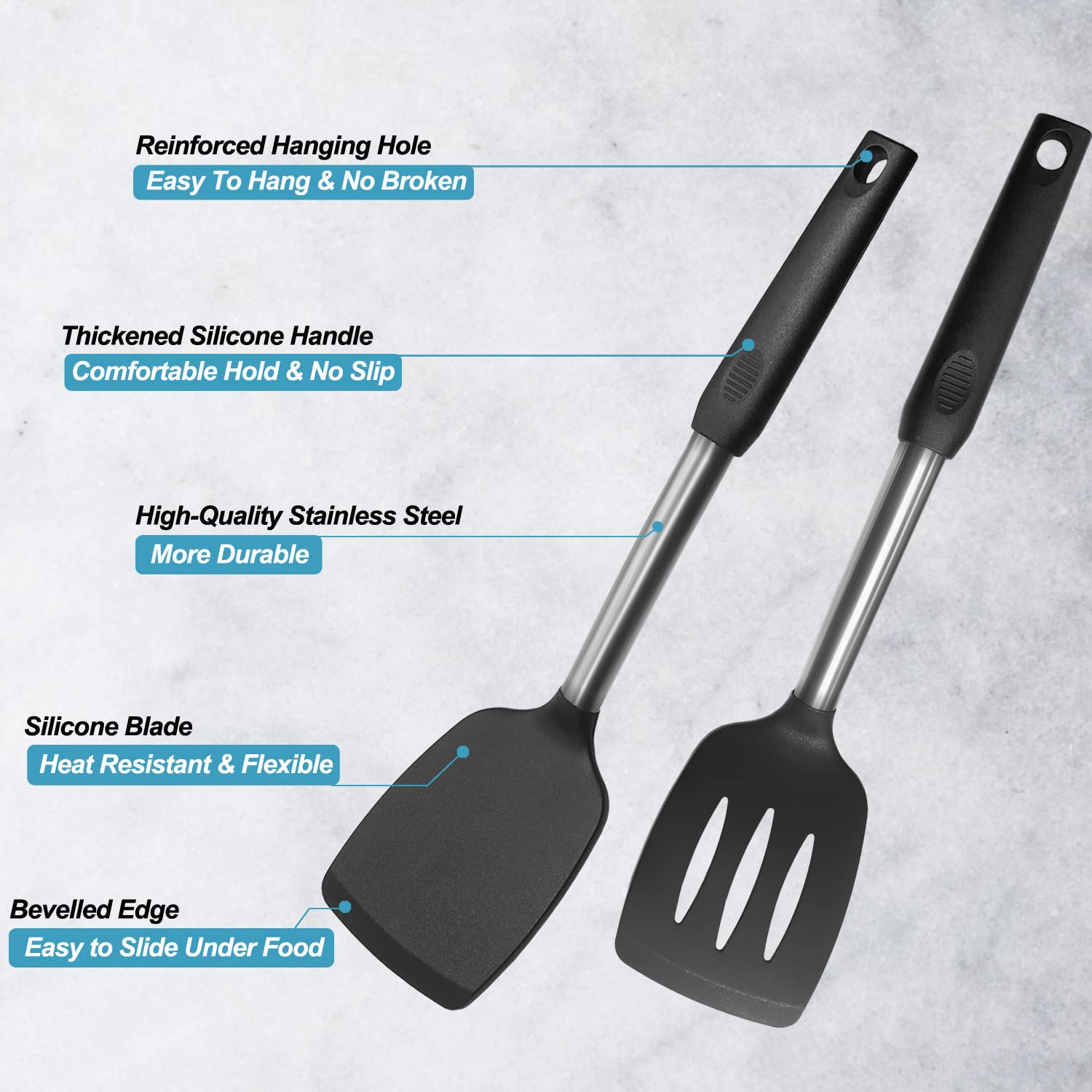 2 Pack Spatulas  Solid & Slotted Silicone Spatula Set  Stainless Steel Handle Coated with Silicone  Non Stick Turners  Heat Resistant BPA Free Rubber Spatulas for Fish  Eggs  Pancakes  WOK  Black