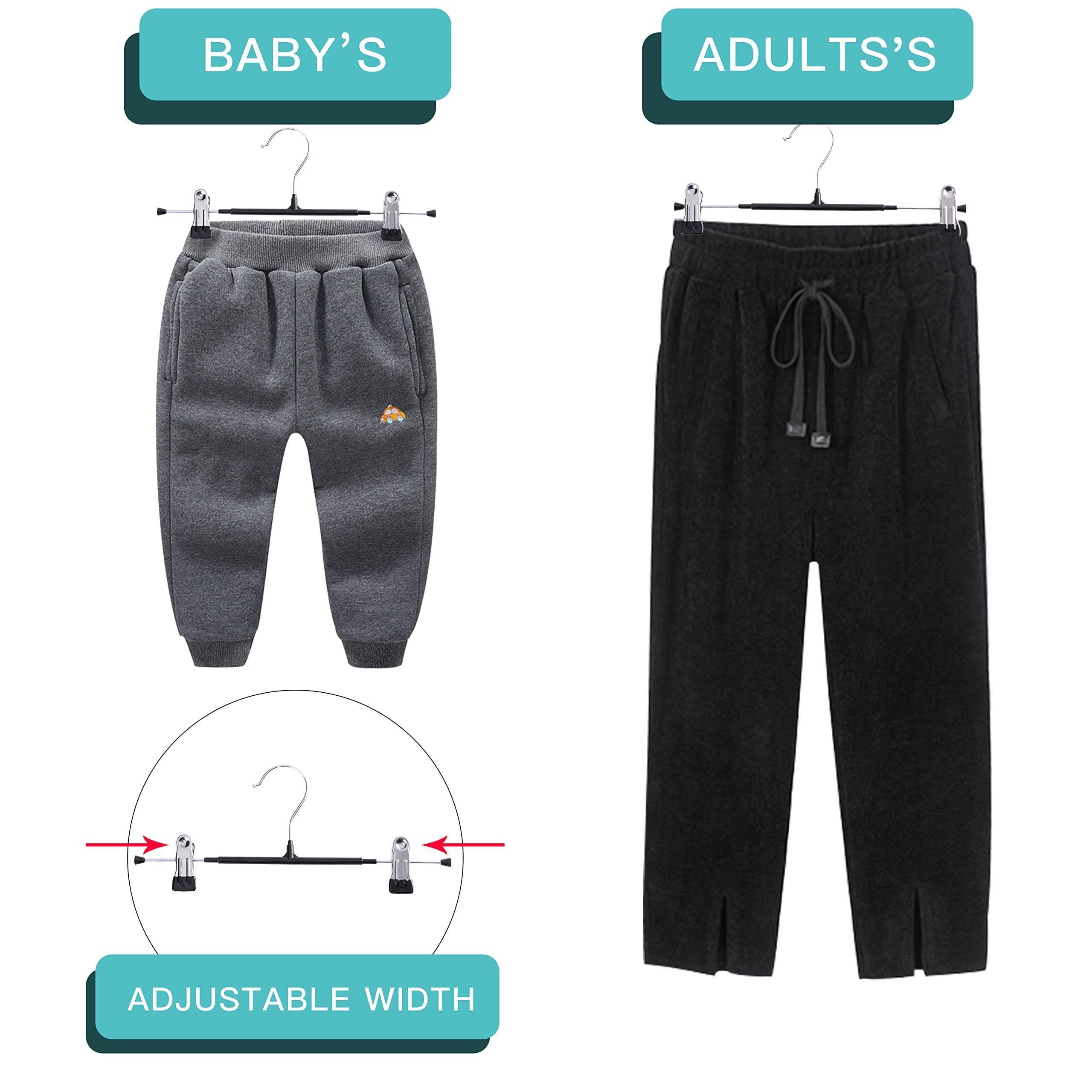 HWAJAN Pants Hangers with Clips 10 Pack Adjustable Skirt Hangers for Women Non-Slip Trousers Hanger for Jeans Clothes Hangers for Pants Heavy Duty Space Saving Shorts Hangers Black 12Inch