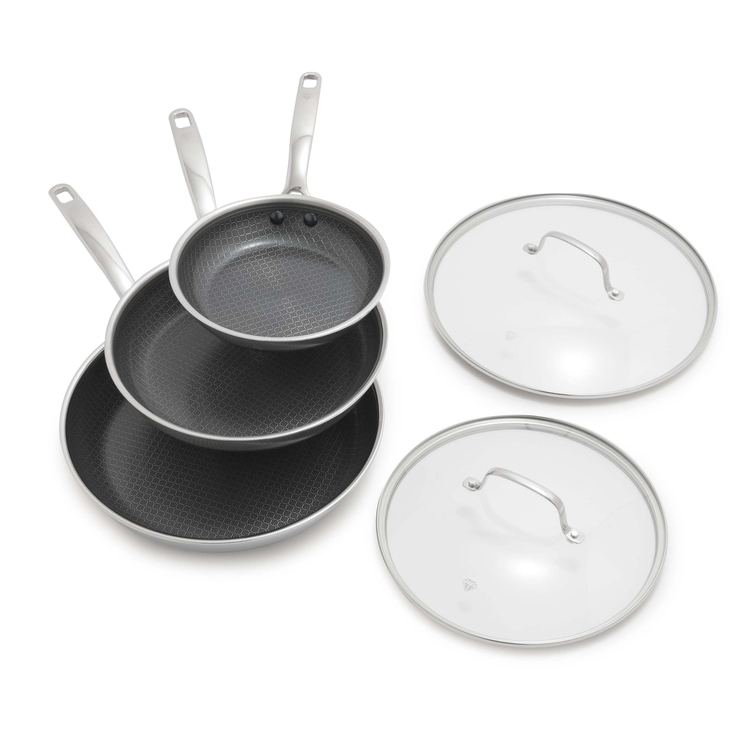 Blue Diamond Hybrid 5pc Stainless Steel Nonstick Fry Pan Set with Two Lids