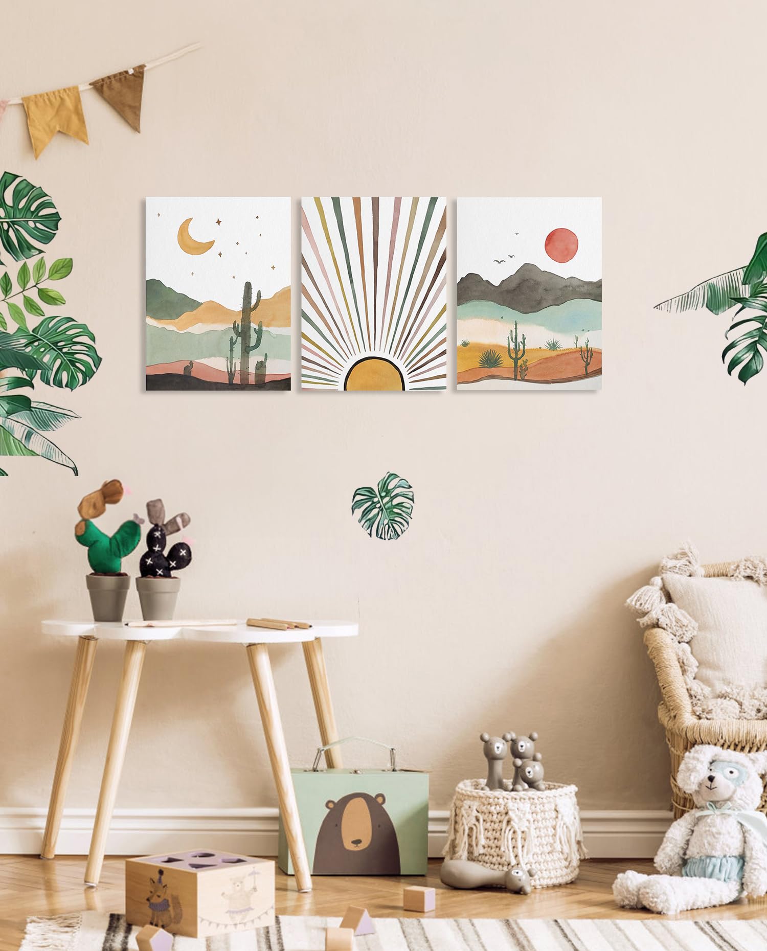 Boho Sun Nursery Wall Art: Bohemian Sunset Moon Picture Print For Bedroom, Boho Nursery Decor For Girl Room, 3 Piece Framed Post