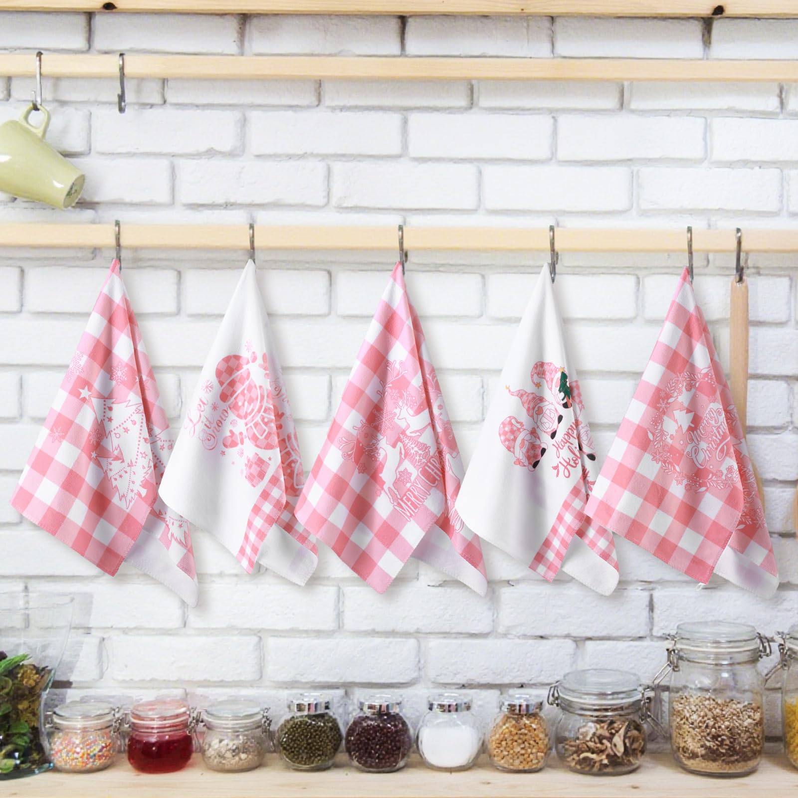Sratte 6 Pcs Pink Christmas Kitchen Towels Pink White Buffalo Plaid Dishtowels Absorbent Winter Gnome Truck Snowman Bathroom Han
