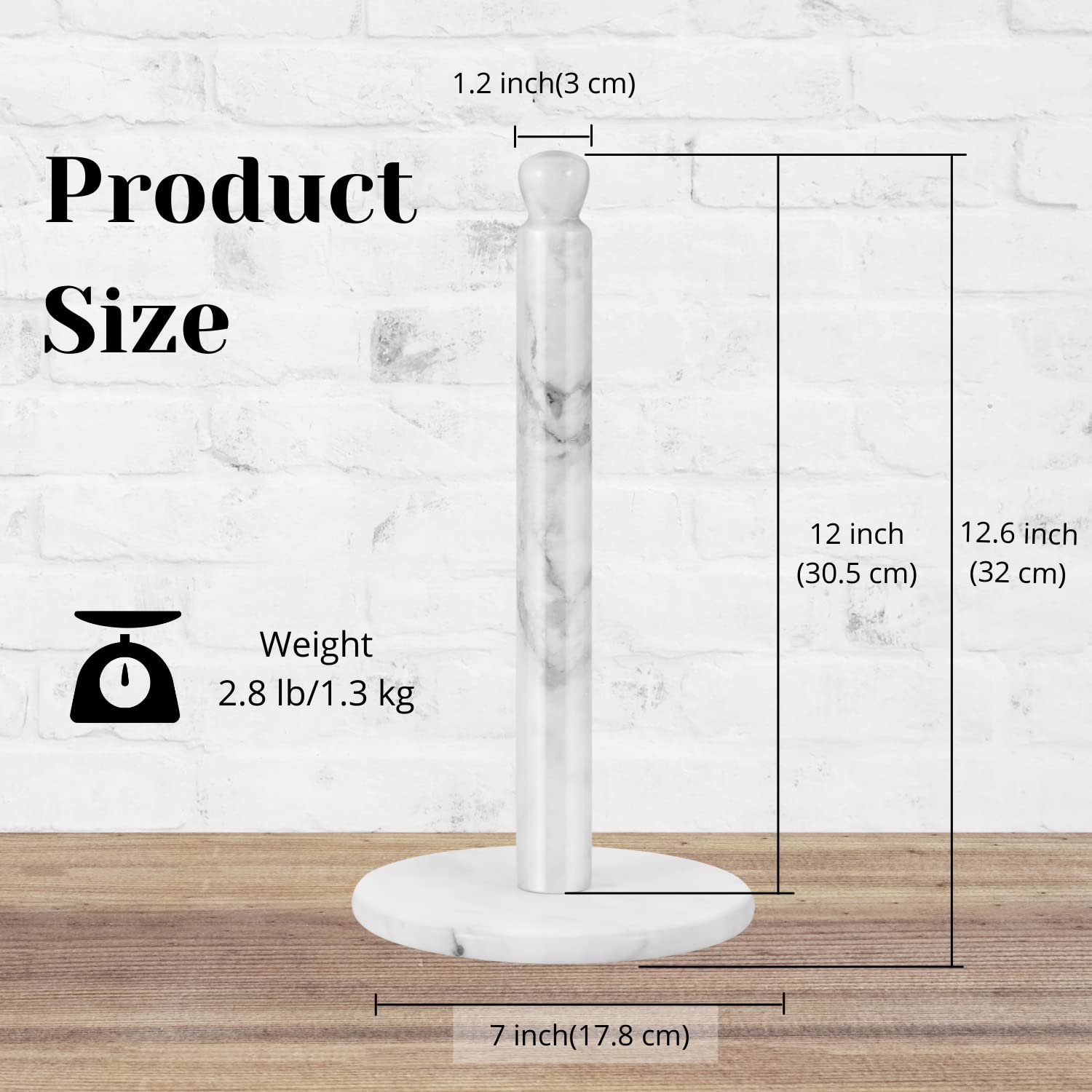 Flexzion Paper Towel Holders - 14 Inch, Kitchen Roll Dispenser Stand Rack/W 6'' Marble Weight Base And Natural Acacia Wood Stick