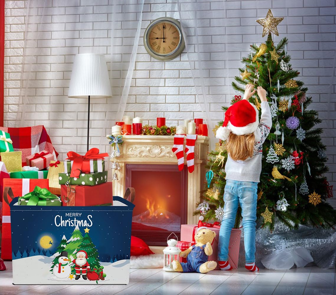 NTAOHAMPER Rectangular Storage Basket Empty,Storage Bin with Handles,Room Decor,Gift Basket,Book Box(Blue Christmas Basket)