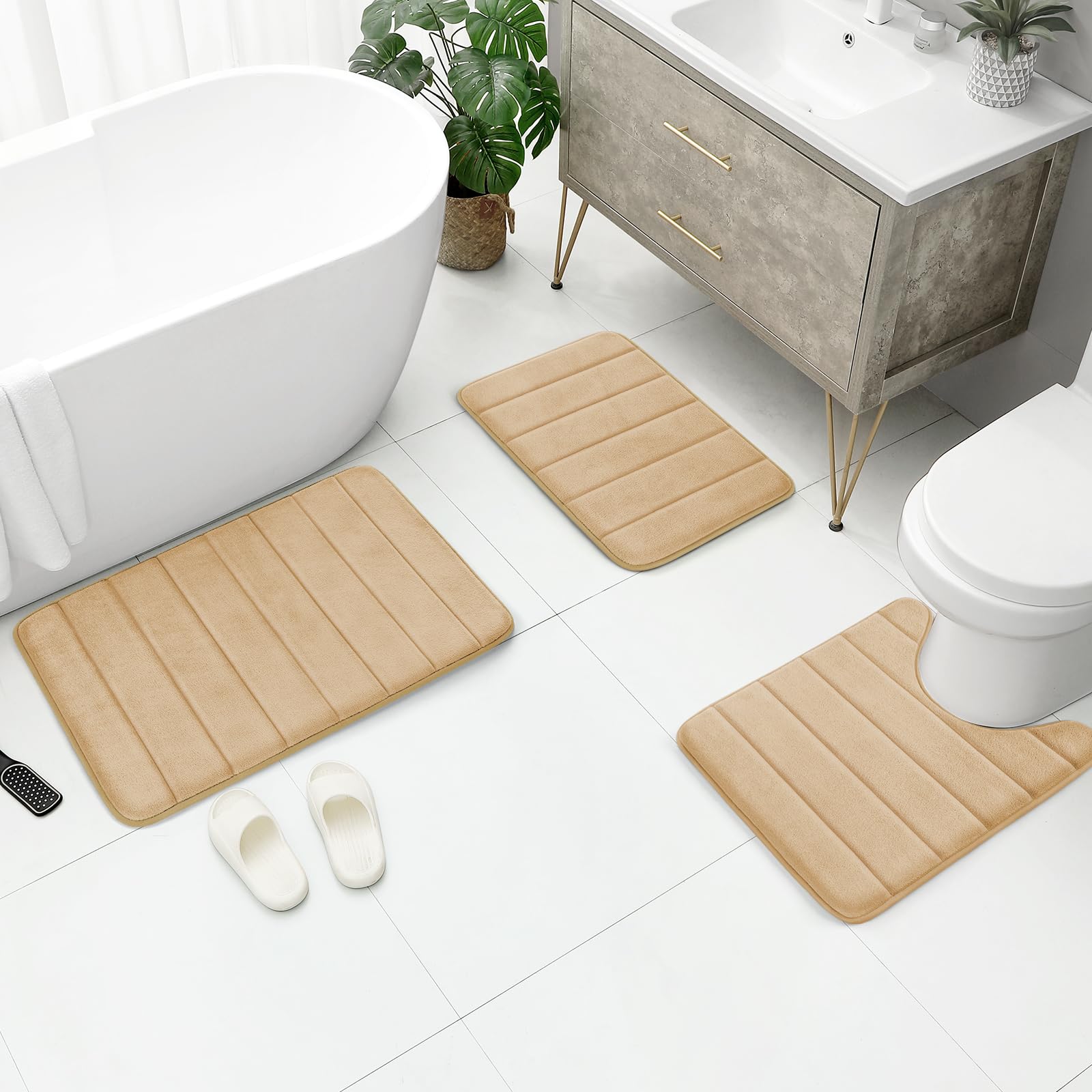 BYSURE Beige Memory Foam Bathroom Rug Set 3 Piece Non Slip Extra Absorbent Shaggy Bathroom Mats and Rugs Sets  Soft & Dry Bath Mat Sets for Bathroom Washable Carpets Set