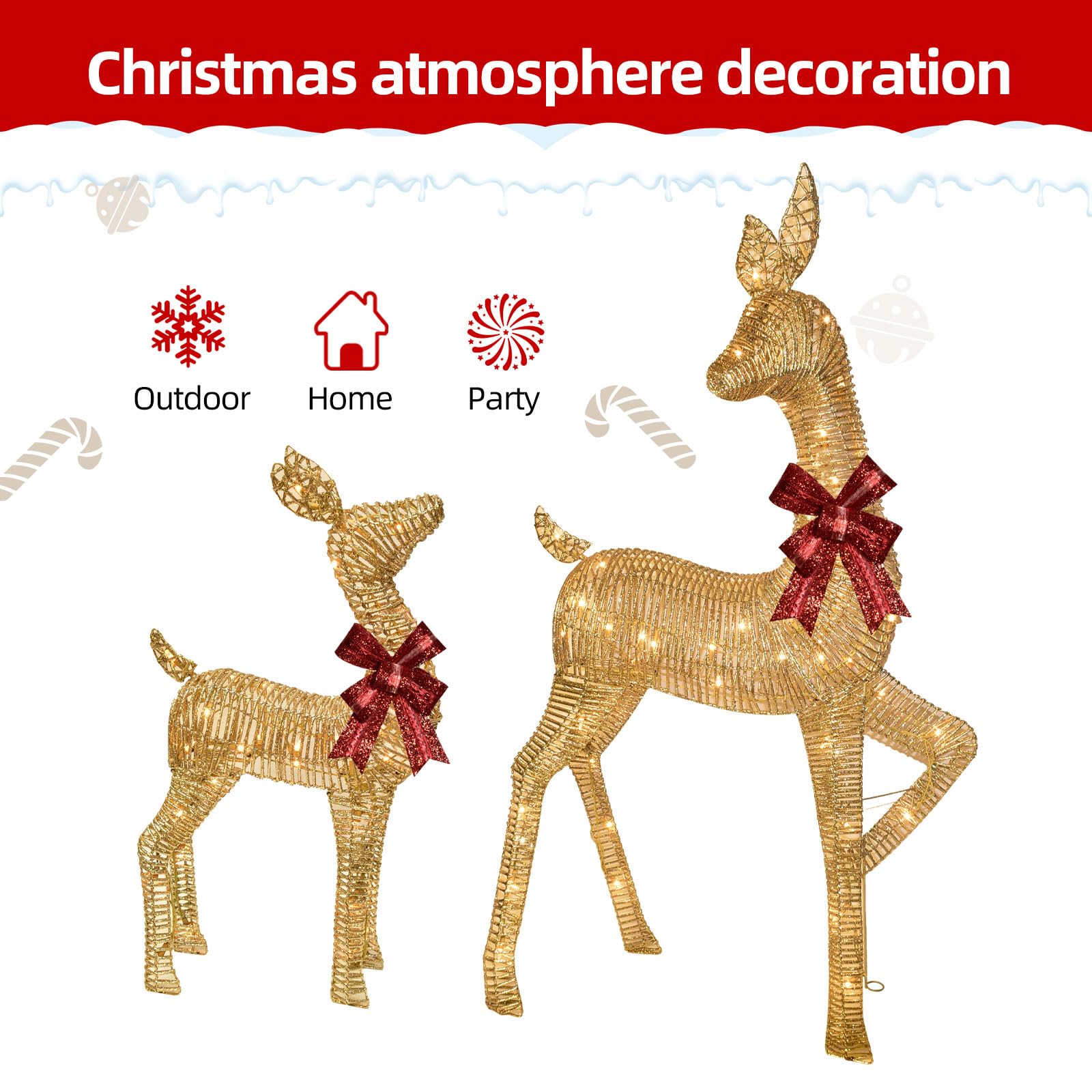 2-Piece Large Lighted Christmas Deer - HOYECHI Outdoor Yard Decoration Rattan Reindeer with 85 LED Lights, Stakes, Zip Ties - Go