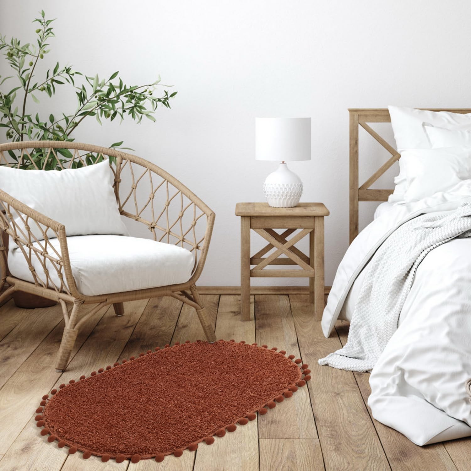 Yirddeo Terracotta Pom Bath Rug For Bathroom Non Slip, Cute Boho Pom Oval Absorbent Shower Mat, Plush Soft Washable Rug (20X30 I