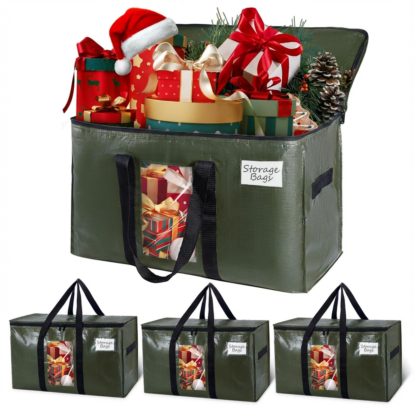 TAILI 4 Pack Green Extra Large Storage Bags, Heavy Duty Totes with Visible Window, Wrap Around Handles, Perfect for Moving