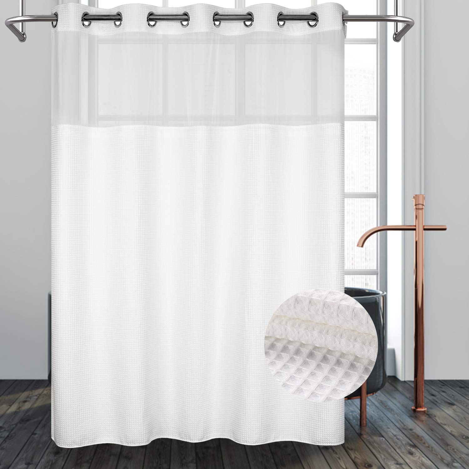 River Dream White Fabric Shower Curtain Set, Cotton Blend, Waffle Weave, With Snap In Replacement Liner,71 X 86 Inches