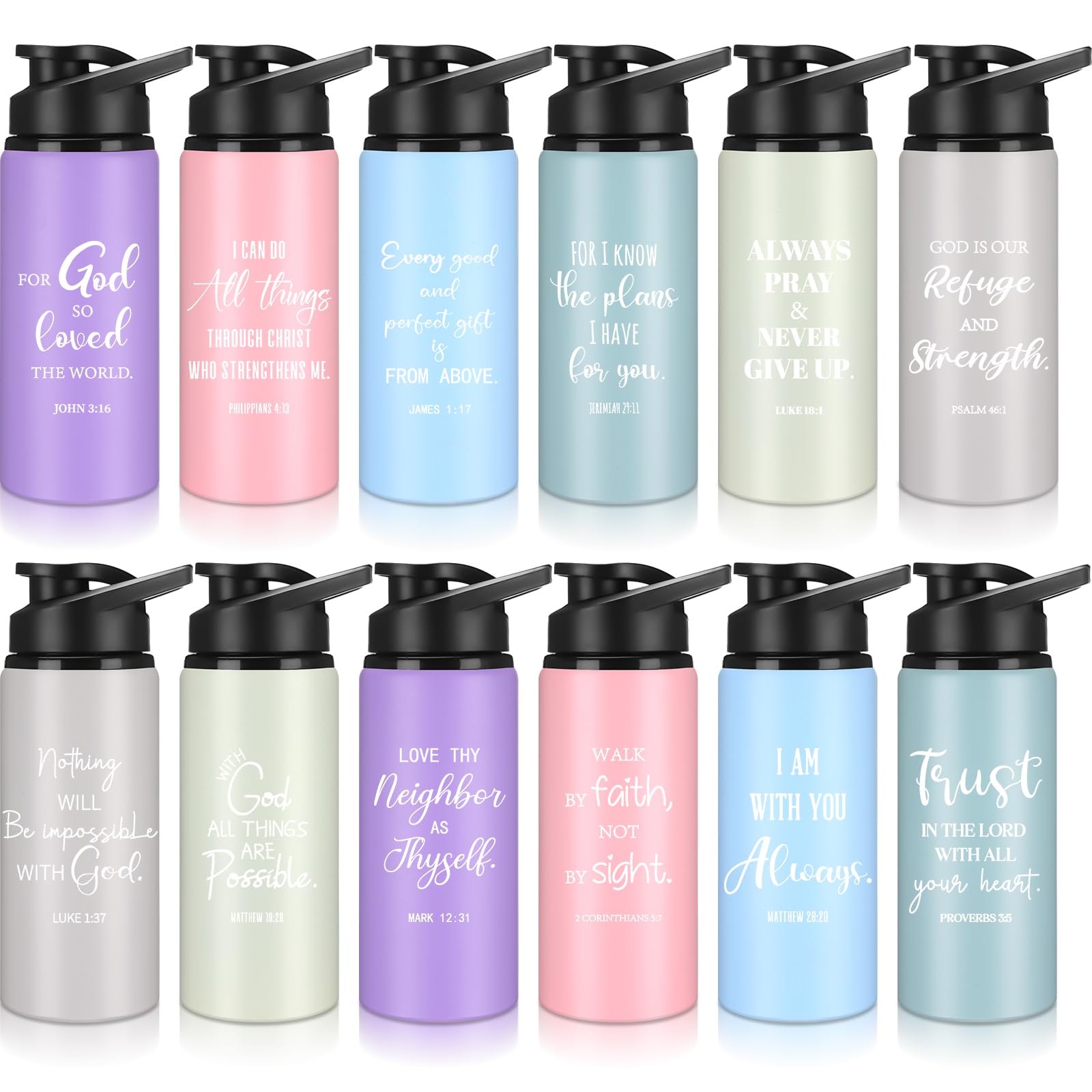 Reallnaive 12 Pieces Christian Gifts 20oz Reusable Aluminum Water Bottle Religious Inspirational Bible Verse Leakproof Metal Wat