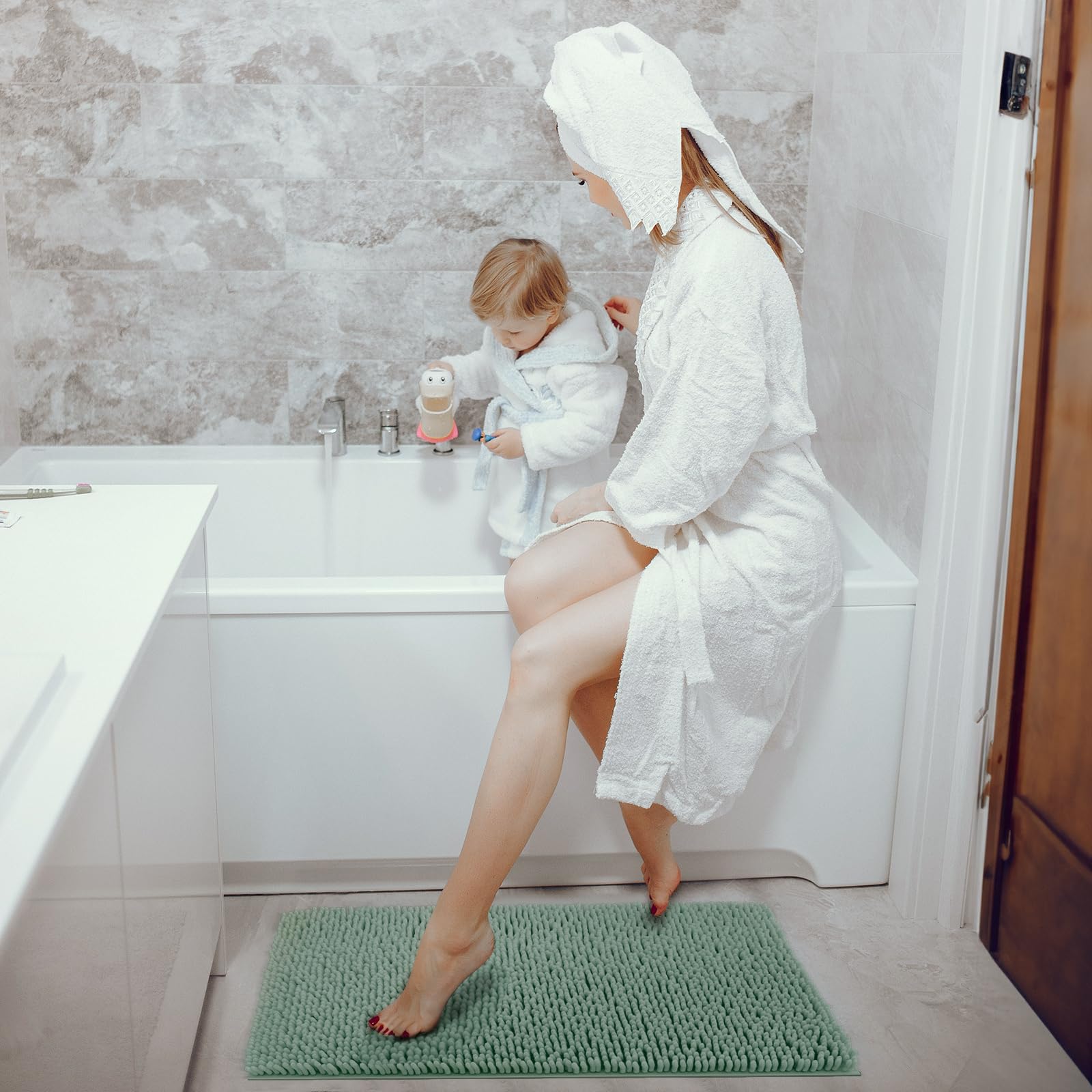 Chenille Soft Plush Bath Rugs for Bathroom  32''x20'' Non-Slip Absorbent Machine Washable Bathroom Fluffy Carpet Mats for Shower Floor and Bathtub - Seaform Green