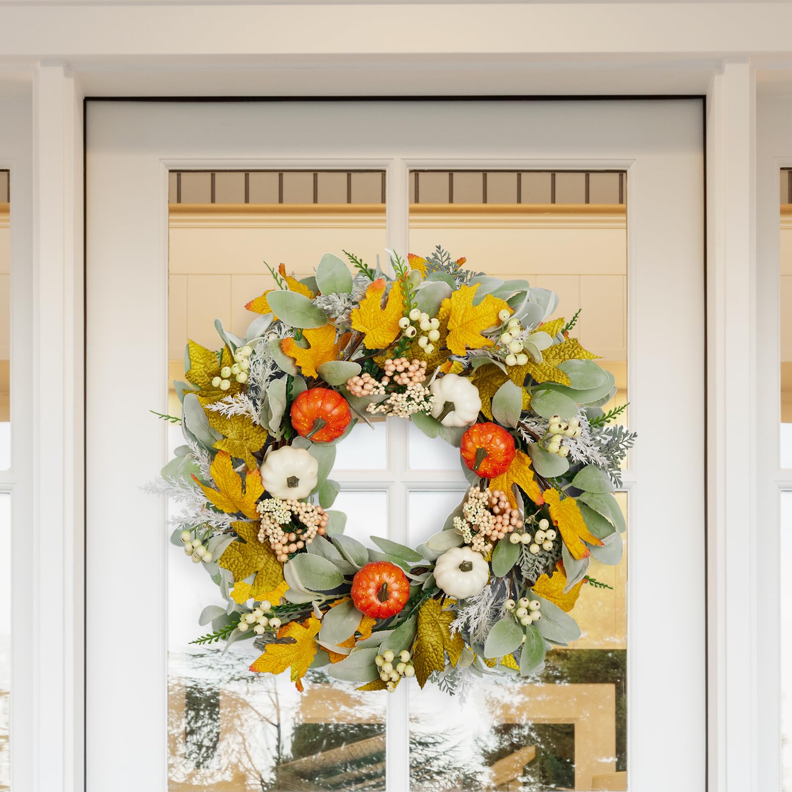 Fall Wreaths for Front Door, 22-24    Seasonal Wreath Decorations with Pumpkins/Berries for Indoor Outdoor Window Wall Porch, Al