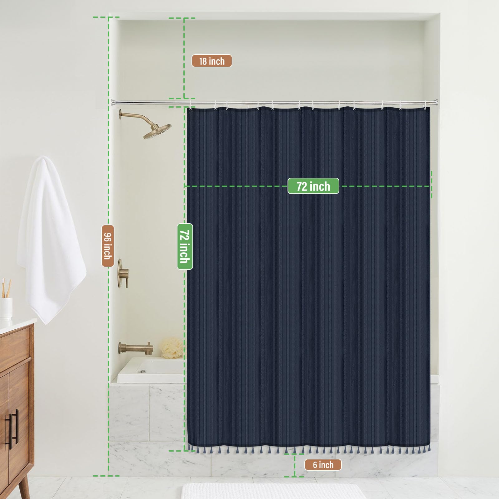 Navy Blue Shower Curtain Boho Farmhouse Striped Textured Tassel Shower Curtains For Bathroom Minimalist Cloth Shower Curtain Set