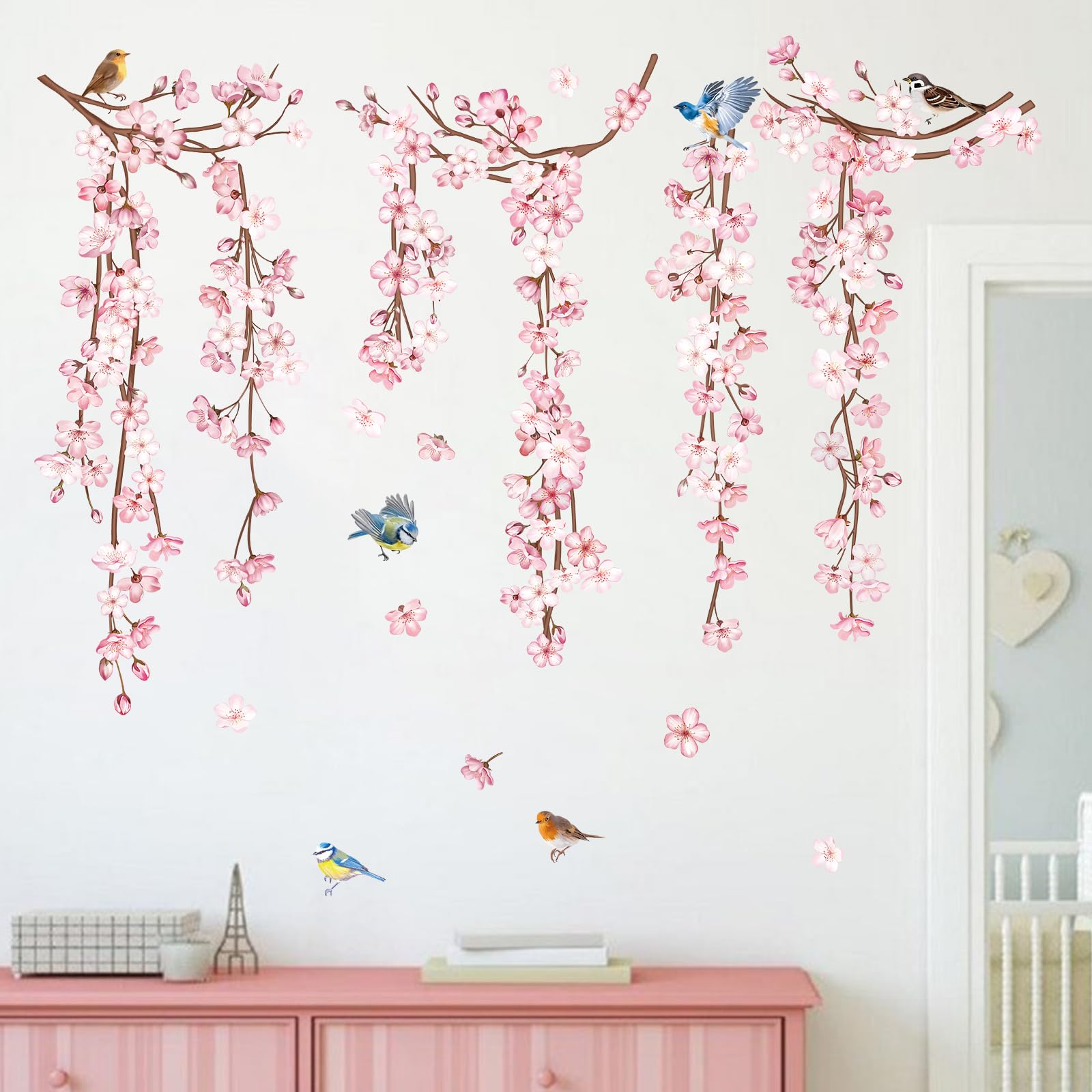 Decalmile Cherry Blossom Flower Vine Wall Decals Hanging Floral Tree Branch Birds Wall Stickers Living Room Bedroom Office Wall