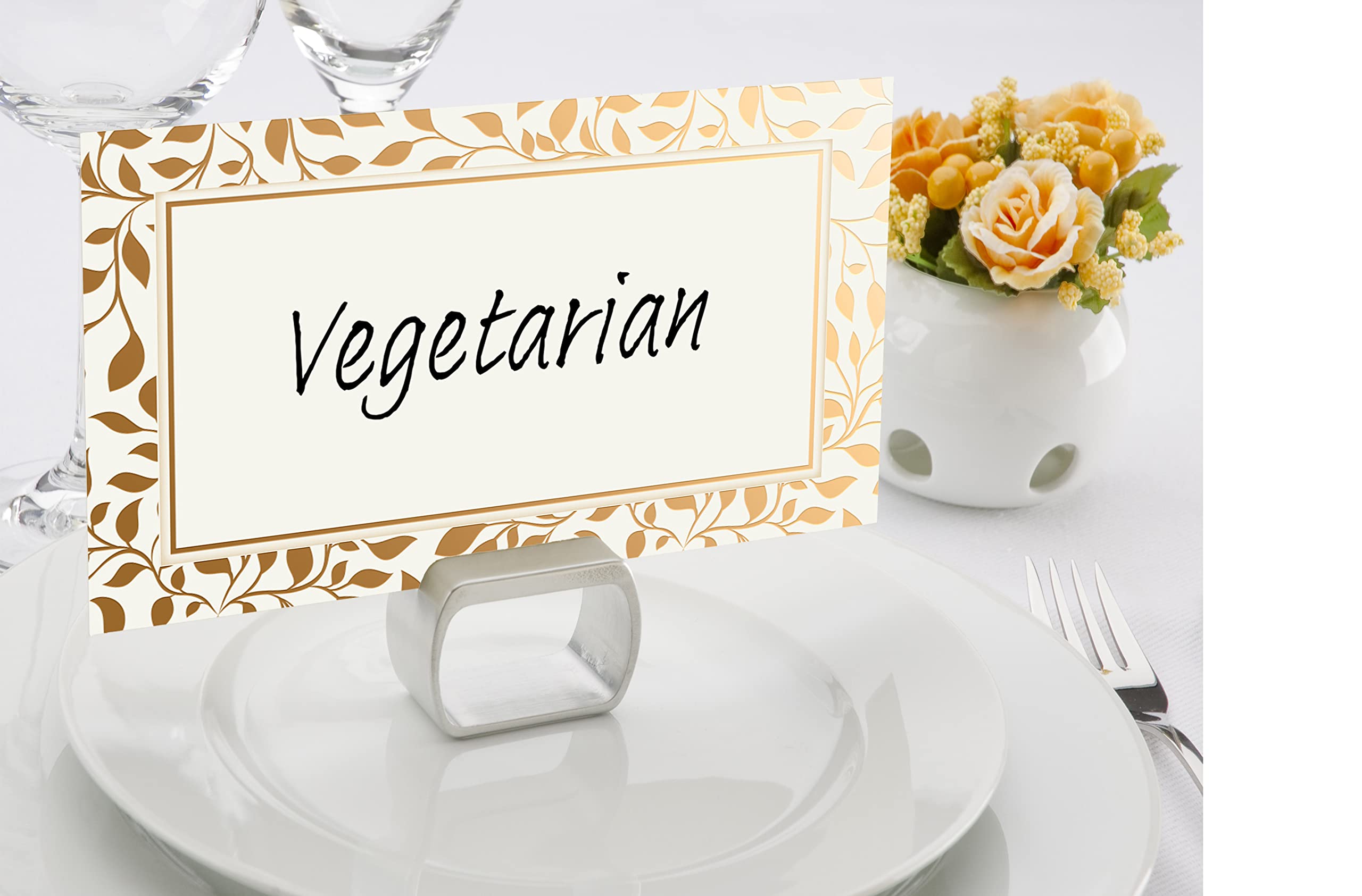 Better Office Products 100 Pack Place Cards, 2 X 3.5 In, White With Metallic Gold Leaf Foil Border, Folded Table Tent Cards For
