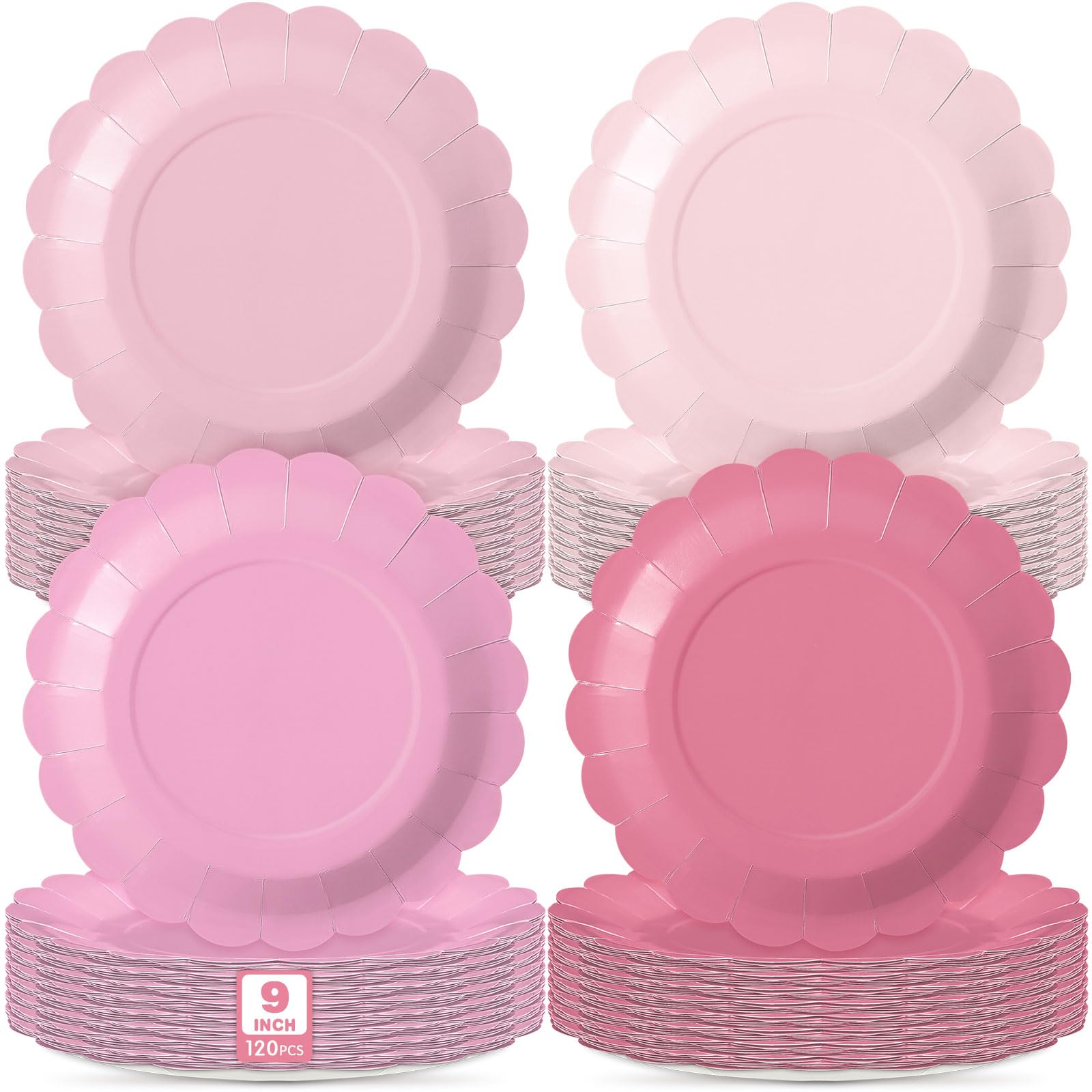 Tiangrid 120 Pcs Pink Paper Plates 9 Inch Pink Scalloped Disposable Round Dessert Peach Paper Plates Party Decoration for Party 