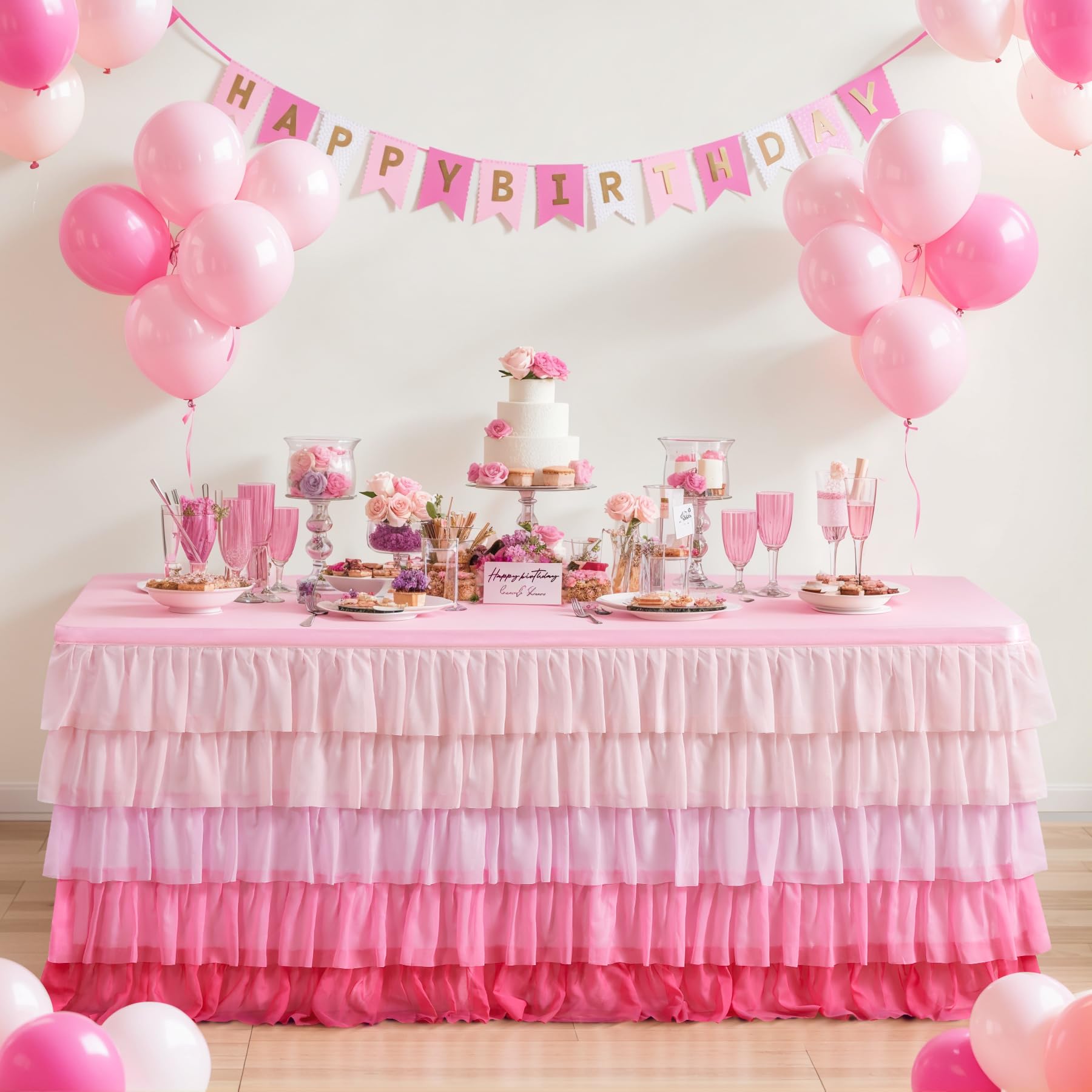 Besutolife Pink Table Skirt Tutu Ruffled Tablecloth For Rectangle Table 6Ft Baby Shower Birthday Party Unicorn Home Gradient Pin