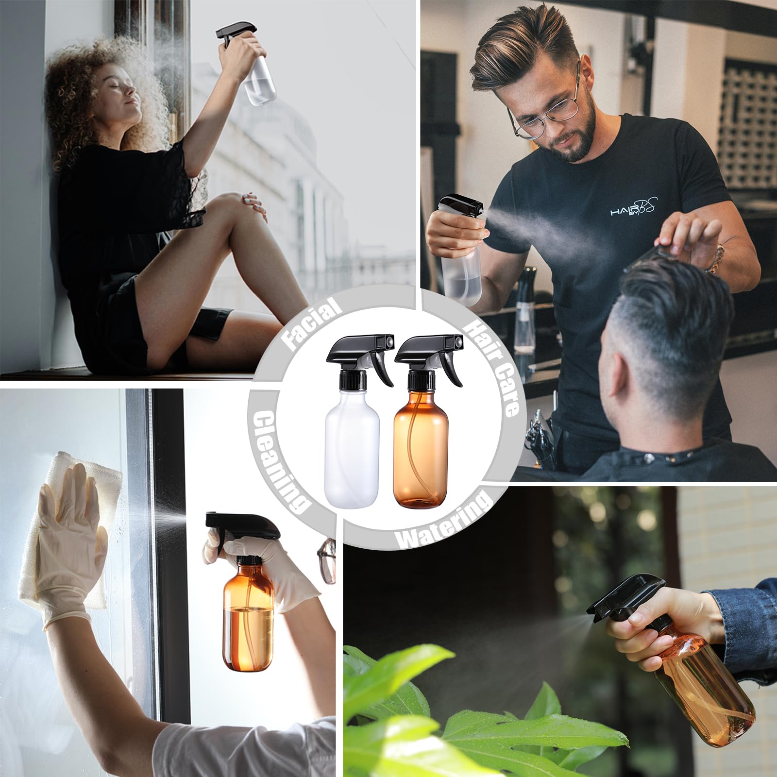 Geartrust Plastic Spray Bottles Small, Mister Squirt Bottle 2 Pack, 10.1 Oz Amber Refillable Empty Water Spray Bottles With Adju