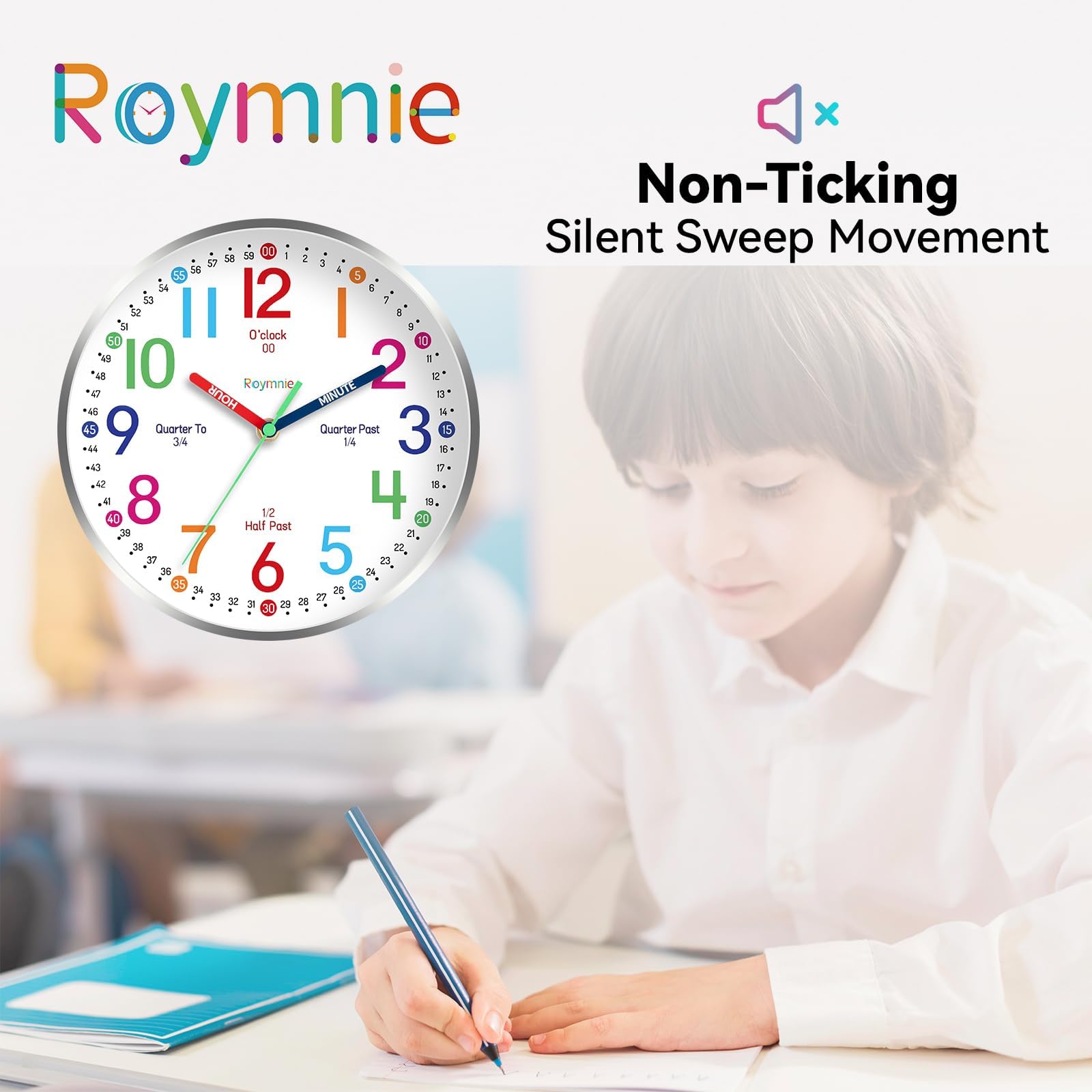 Roymnie 14 Inch Wall Clock for Kids Learning to Tell Time, Modern Silent Battery Operated Teaching Clock, Ideal Gift for Kids Ro