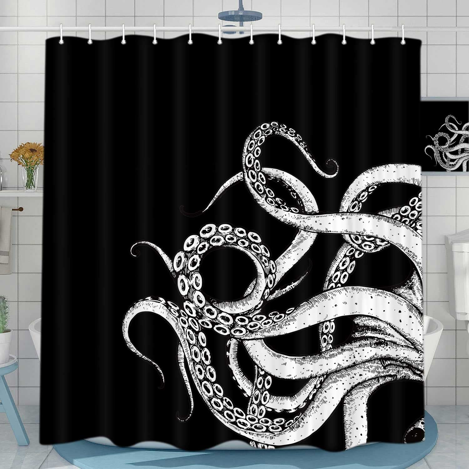 Octopus Decor Shower Curtain For Bathroom, Funny Black And White Sea Monster Kraken Animal Goth Fabric Shower Curtains Set, Uniq