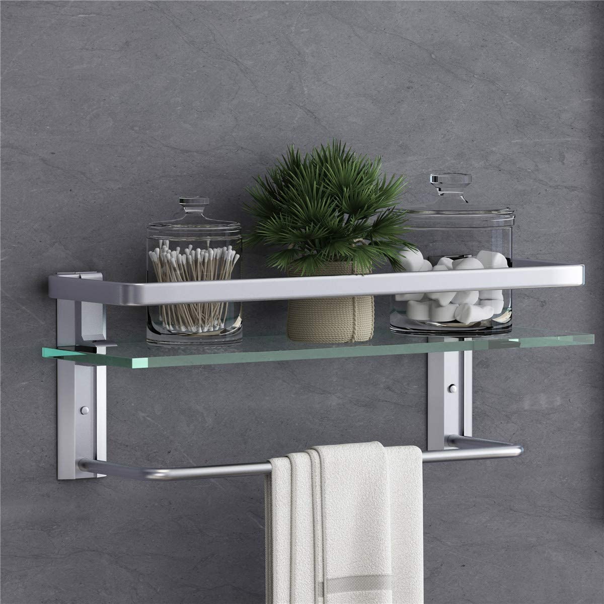 Volpone Glass Shelf With Towel Bar 15.7In Silver Bathroom Shelf Wall Mount Rustproof Bathroom Wall Organizer 1 Tier (Silver)
