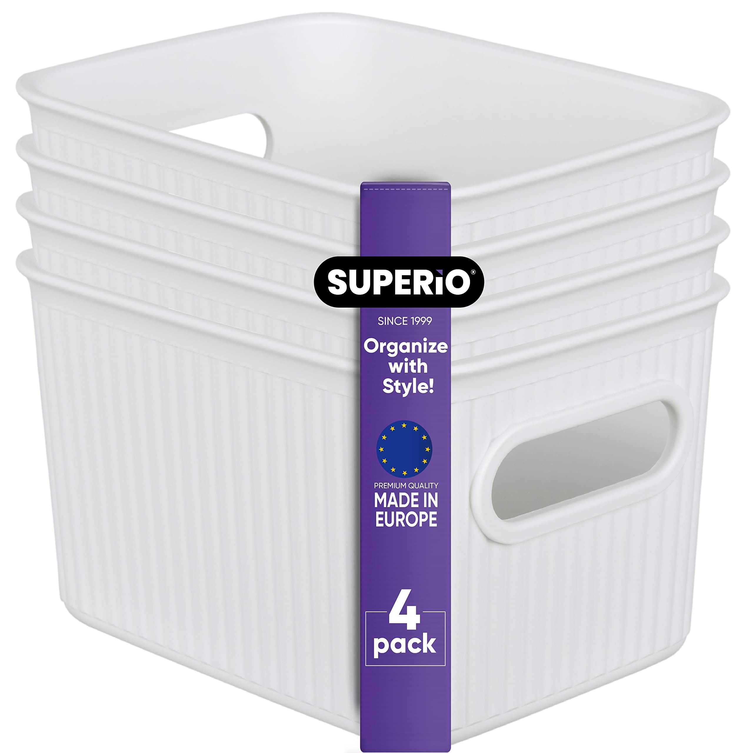 Superio Ribbed Collection - Decorative Plastic Open Home Storage Bins Organizer Baskets, Small White (4 Pack) Container Boxes Fo