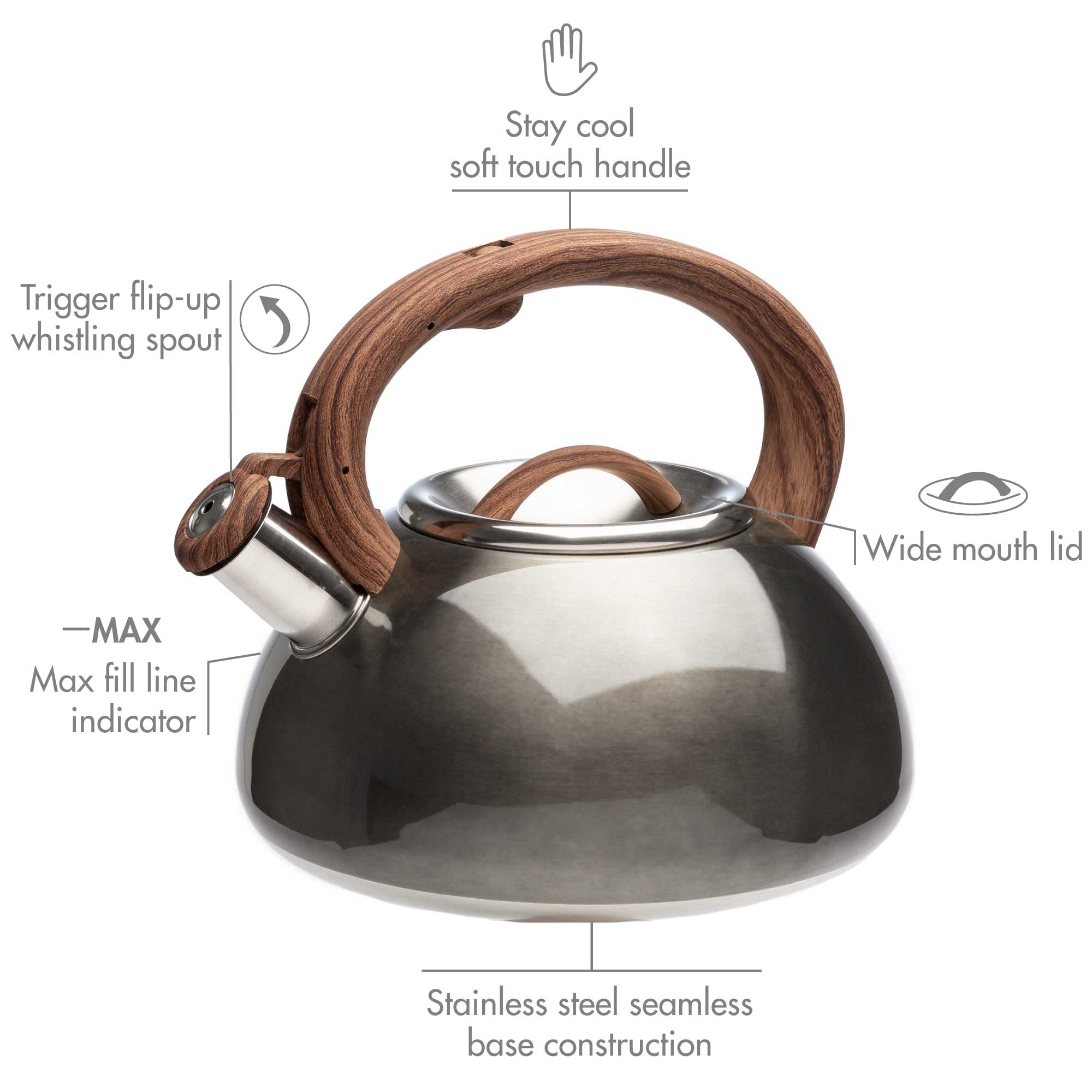 Primula Avalon Whistling Stovetop Tea Kettle, Food Grade Stainless Steel Wide Mouth, Fast To Boil, Cool Touch Handle, 2.5-Quart,