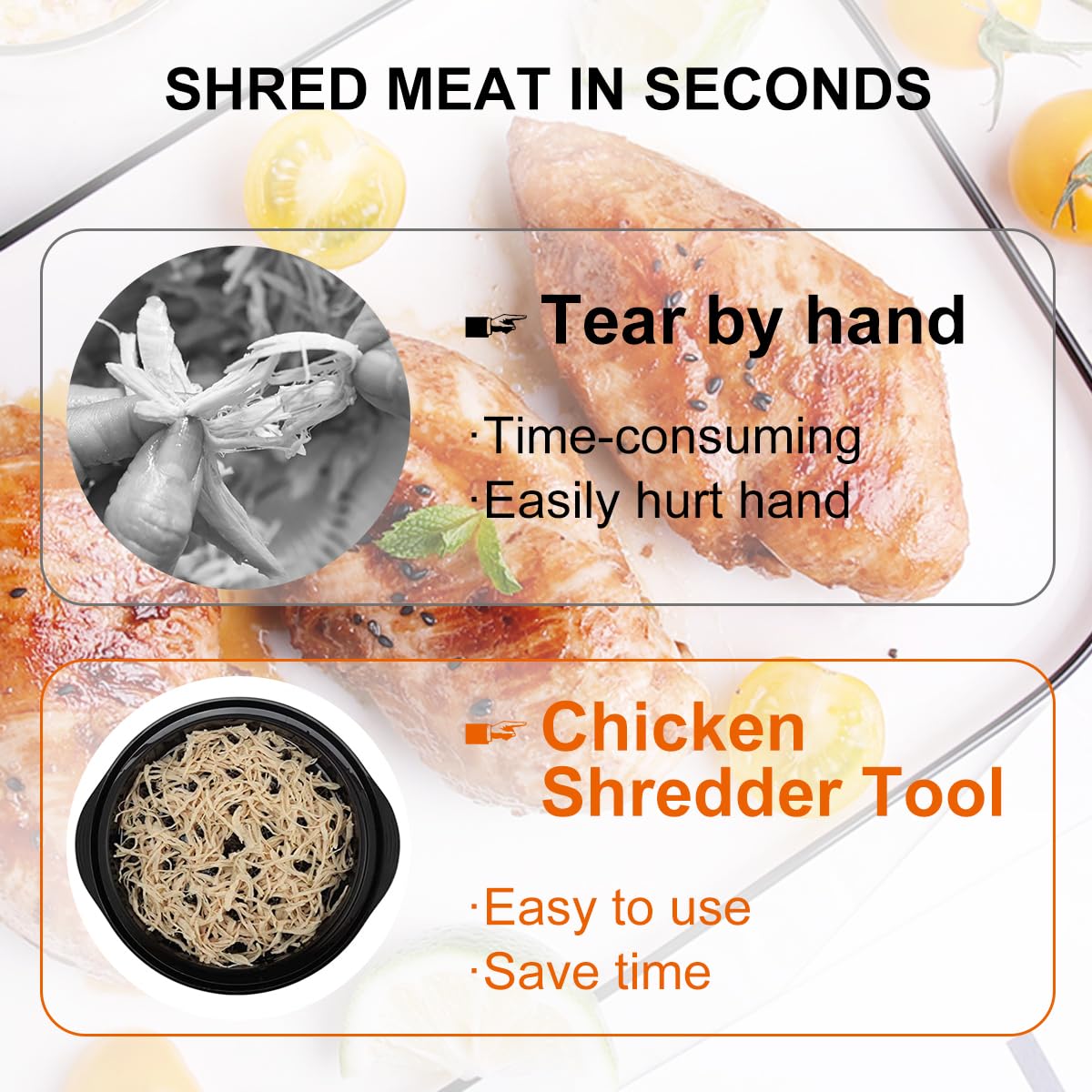Vitoler Chicken Shredder Tool, 10.8" Ergonomic Black Meat Grinder with Transparent Lid, Model VITO887-BUS