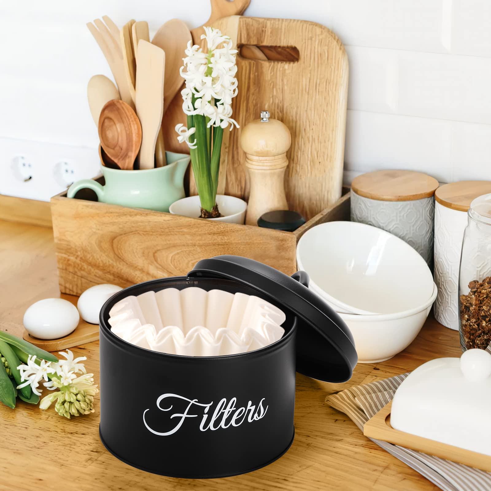Suwimut Coffee Filter Holder, Black Enamelware Basket Coffee Filter Holder Storage Container With Lid, Rustic Round Metal Coffee