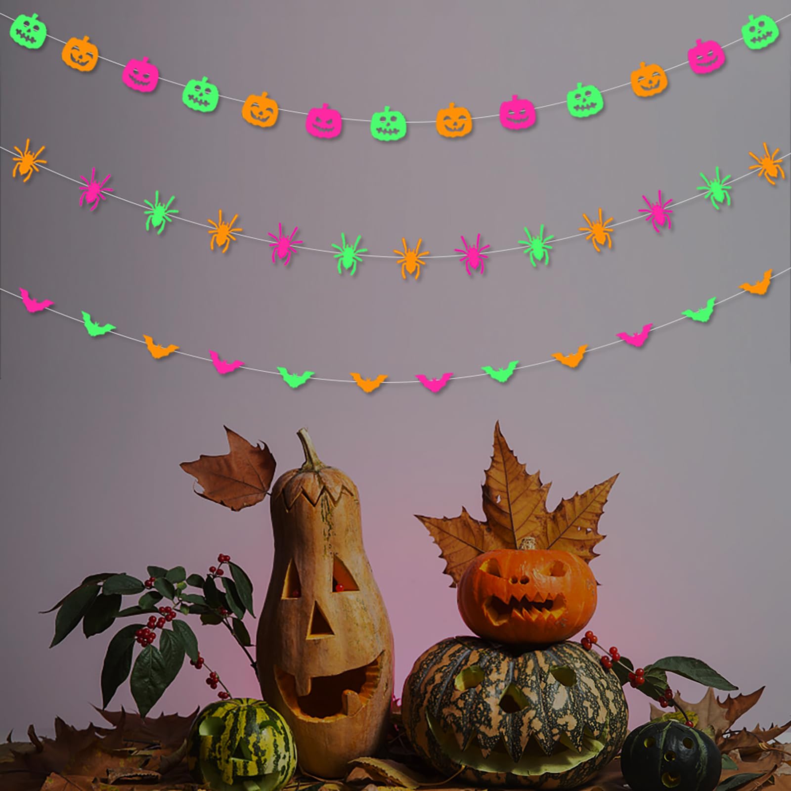 Halloween Party Decorations Neon Banner - 3pcs Glow in The Dark Paper Pumpkin Bats Spiders Hanging Swirls Streamers,Window Firep