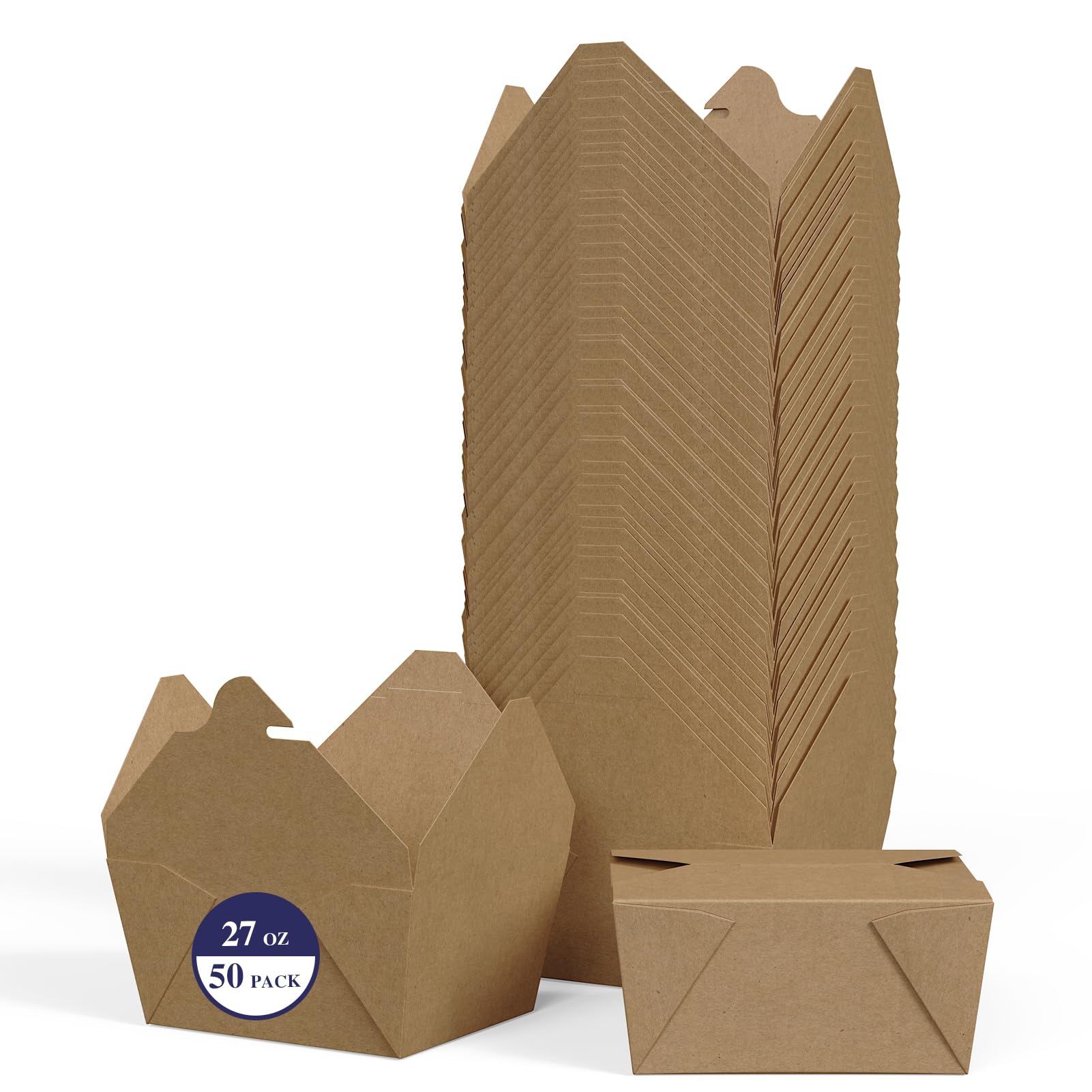 LITOPAK 50 Pack 27 oz Take Out Food Containers, Kraft Brown Take Out Boxes Leak Grease Resistant and Stackable for Restaurants, 