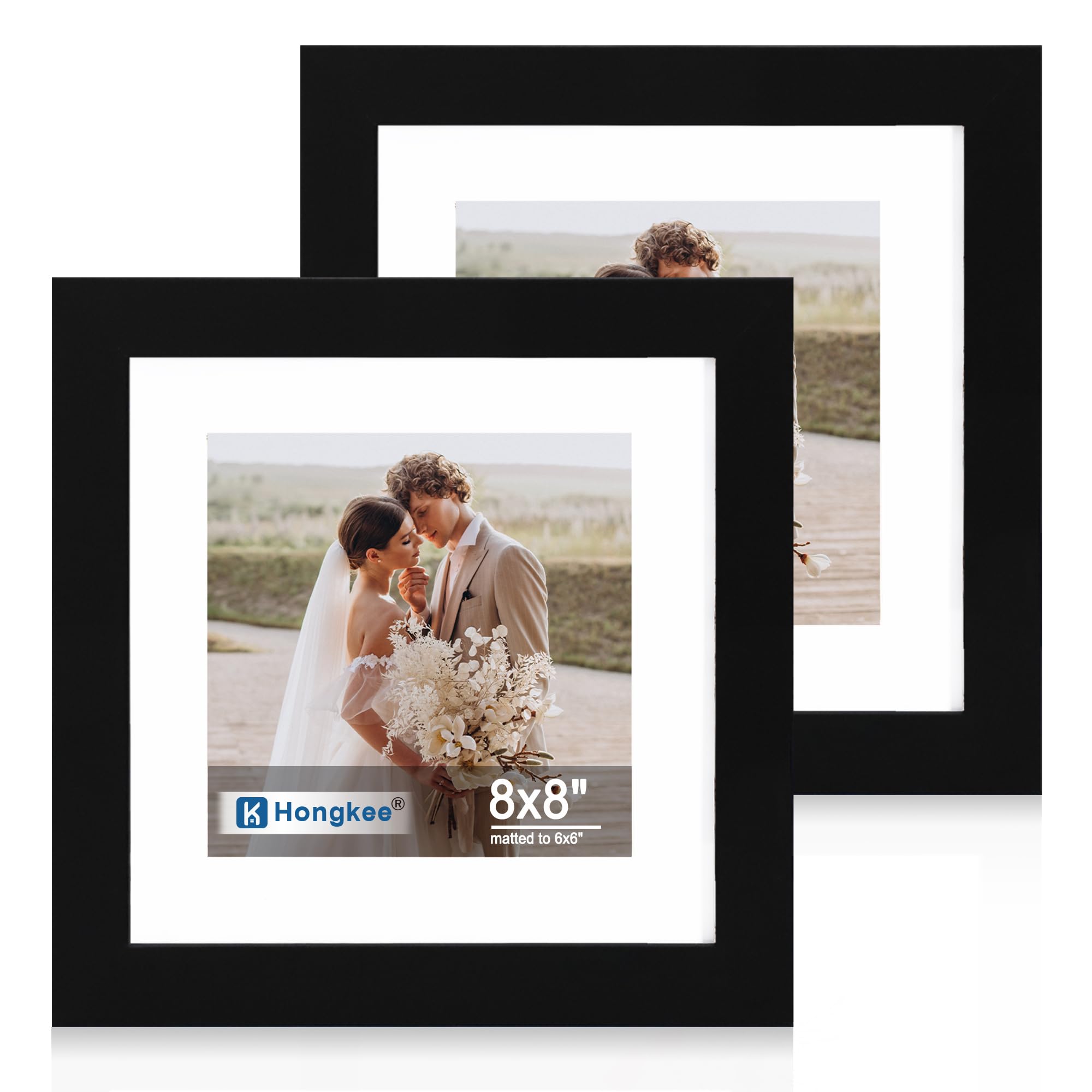 Hongkee 8x8 Picture Frame Set of 2, Made of Real Glass and Black Wooden Frame - Display Square 6x6 with Mat or 8x8 Without Mat, 