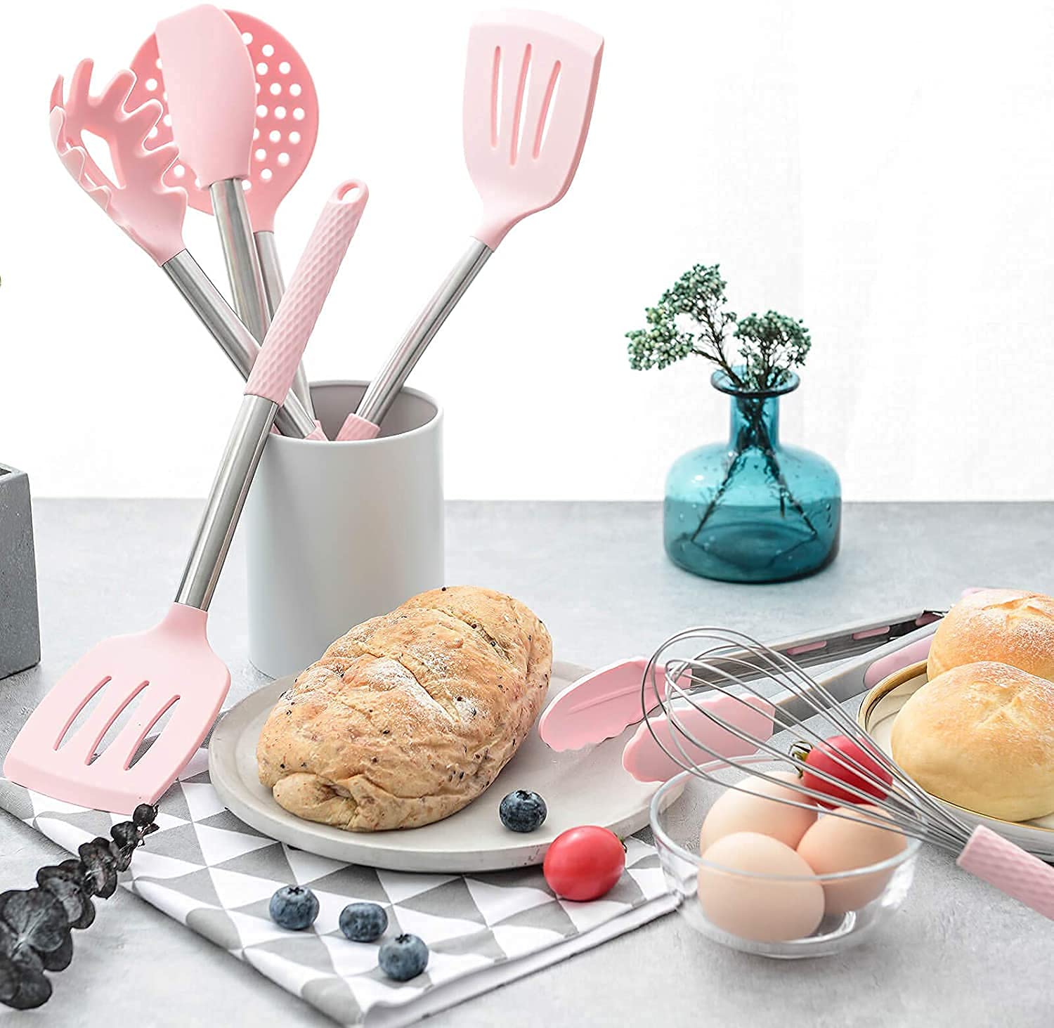 Rorence Kitchen Utensil Cooking Utensil Set for Baking Mixing: 12 Pieces Kitchen Gadgets Non-Stick & Heat Resistance Silicon and Stainless Steel Handles (Utensil Holder Not Included) - Pink