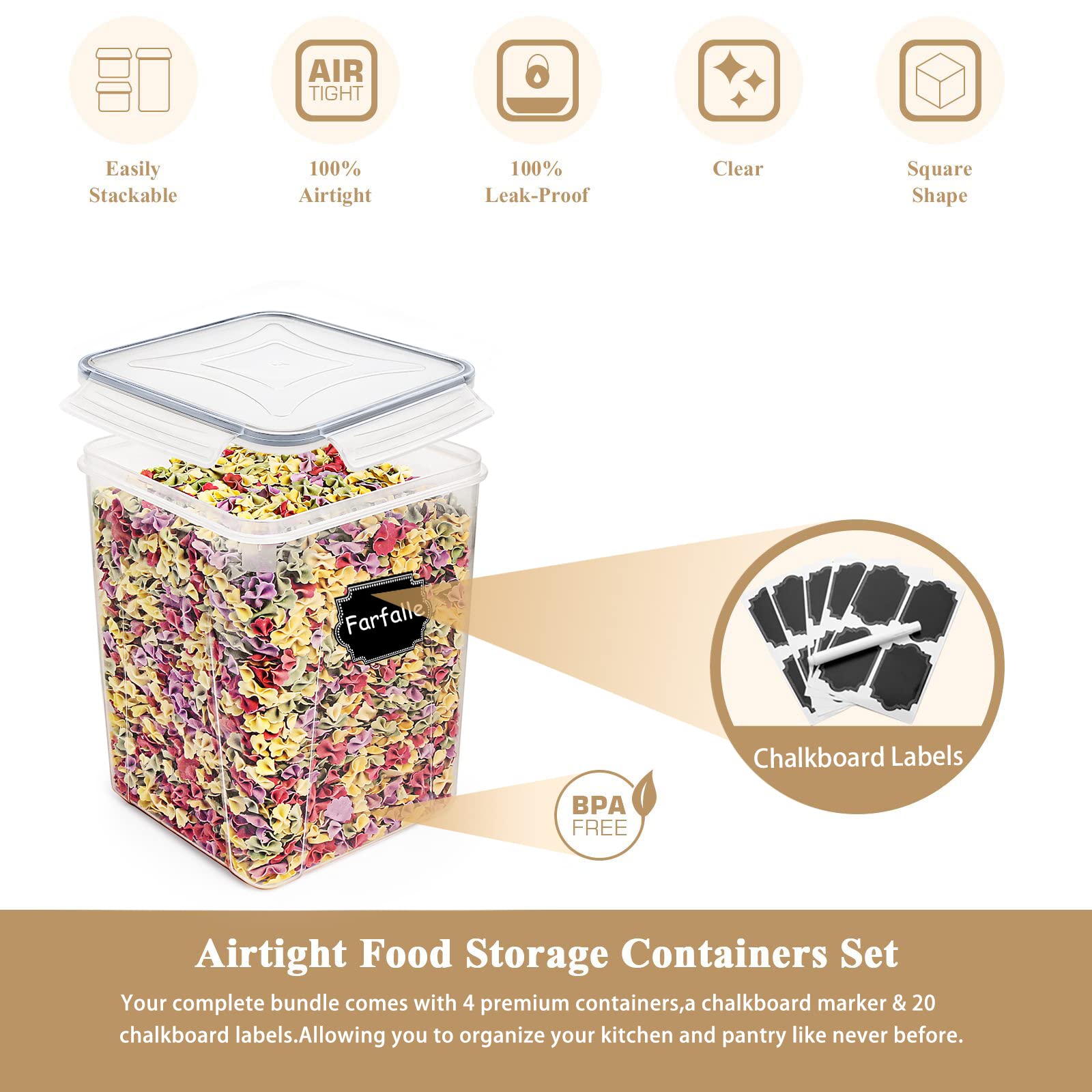 Wildone Large Food Storage Containers 5.2L /175Oz, 4 Piece Bpa Free Plastic Airtight Food Storage Containers For Flour, Sugar, B