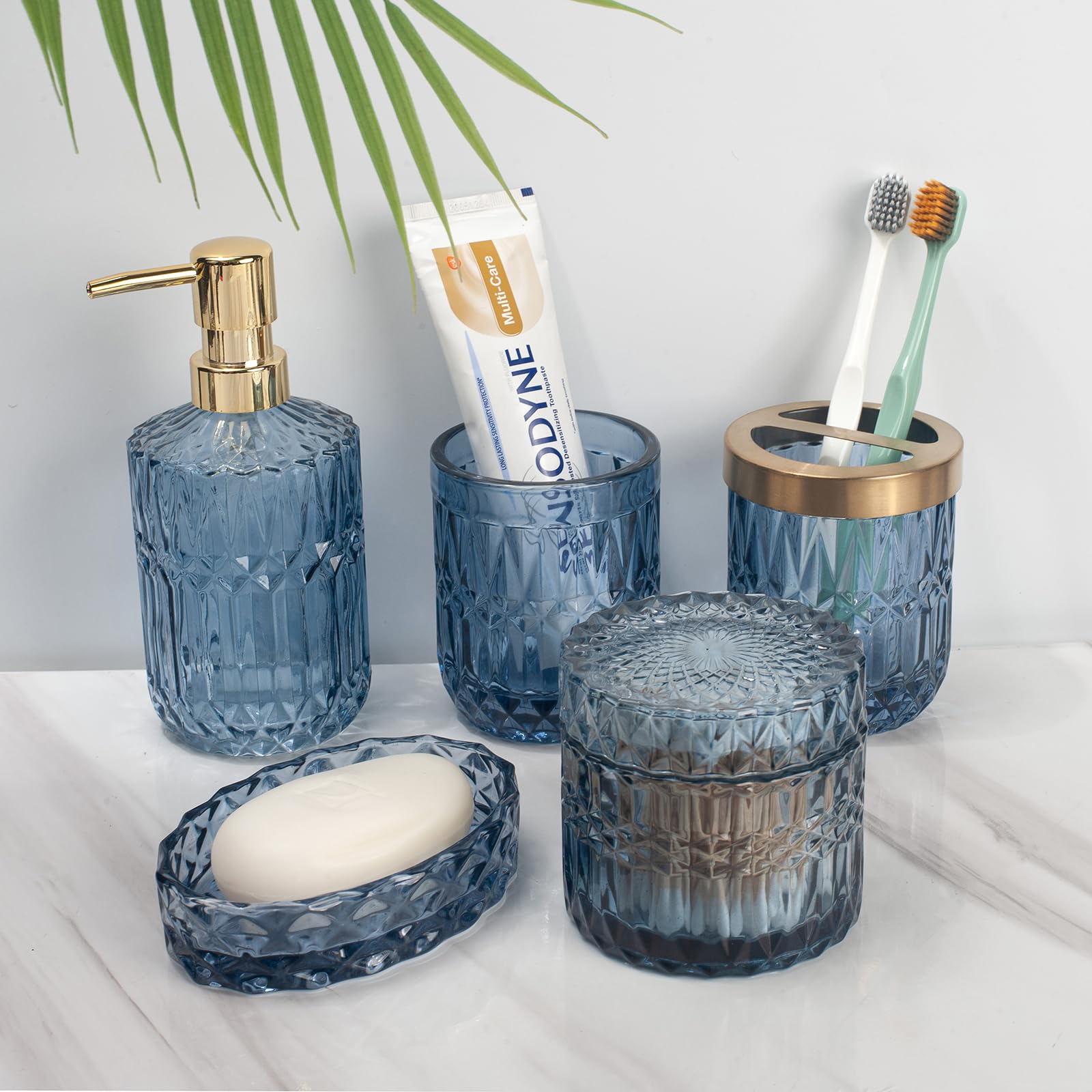 Ivailex 5Pcs Blue Glass Bathroom Accessories Sets Of Lotion Dispenser, Soap Dish, Toothbrush Holder, Tumbler, Cotton Swab Jars,
