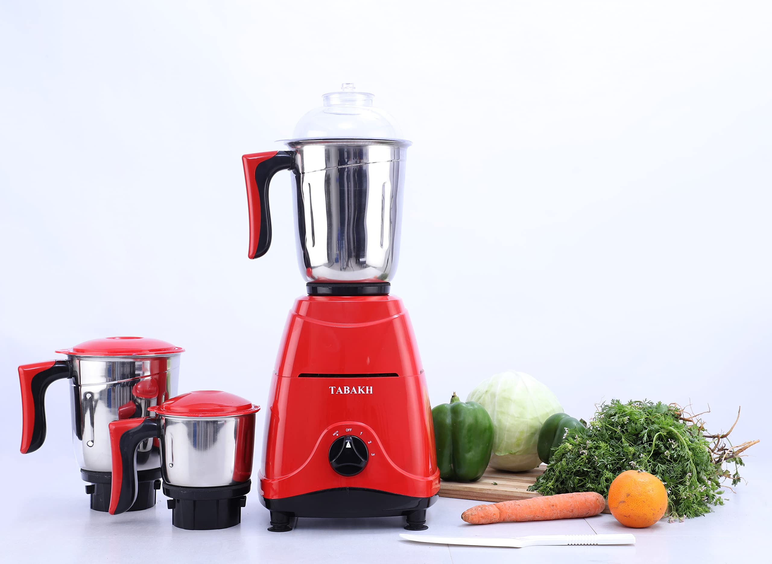 Tabakh Indian Mixer Grinder | 3 Stainless Steel Jars | 650 Watts | 110-Volts | Red