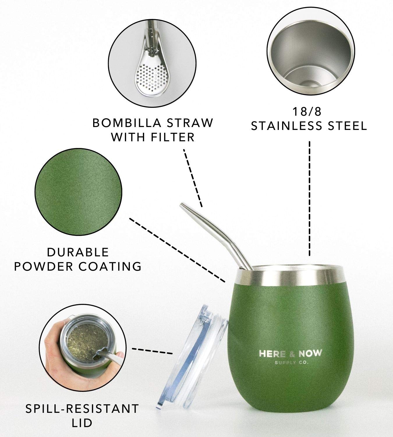 Here & Now Yerba Mate Cup And Bombilla Set | 2 Mate Gourds, Spill Resistant Lids, & Mate Straws | Bombilla Brush & Pouch Include