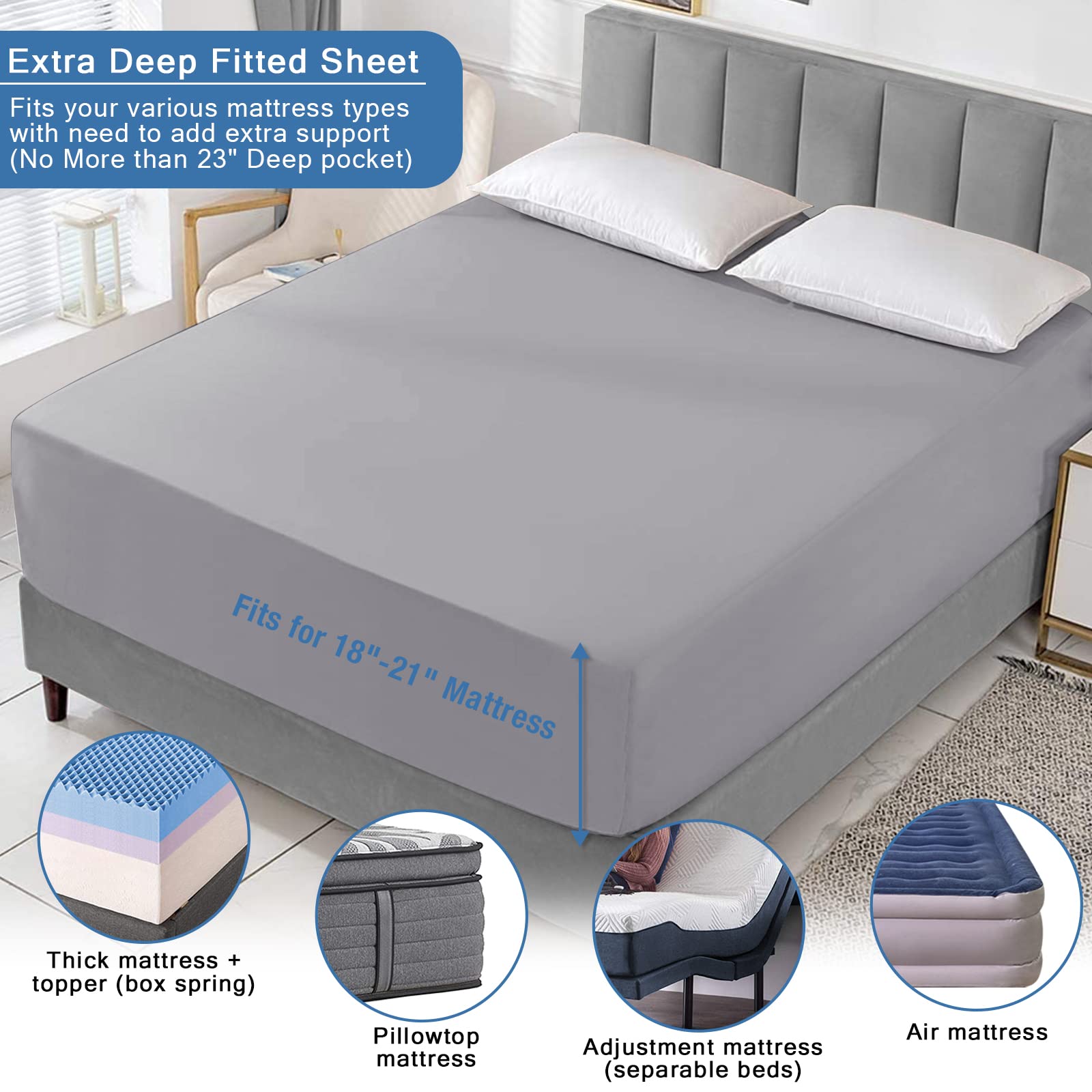 Bedecor Queen Fitted Sheet Only 21 inch Extra Deep Pocket Light Gray Bottom Bed Sheet  Soft Breathable Stay in Place for Pillow Top Mattress Thick Mattress