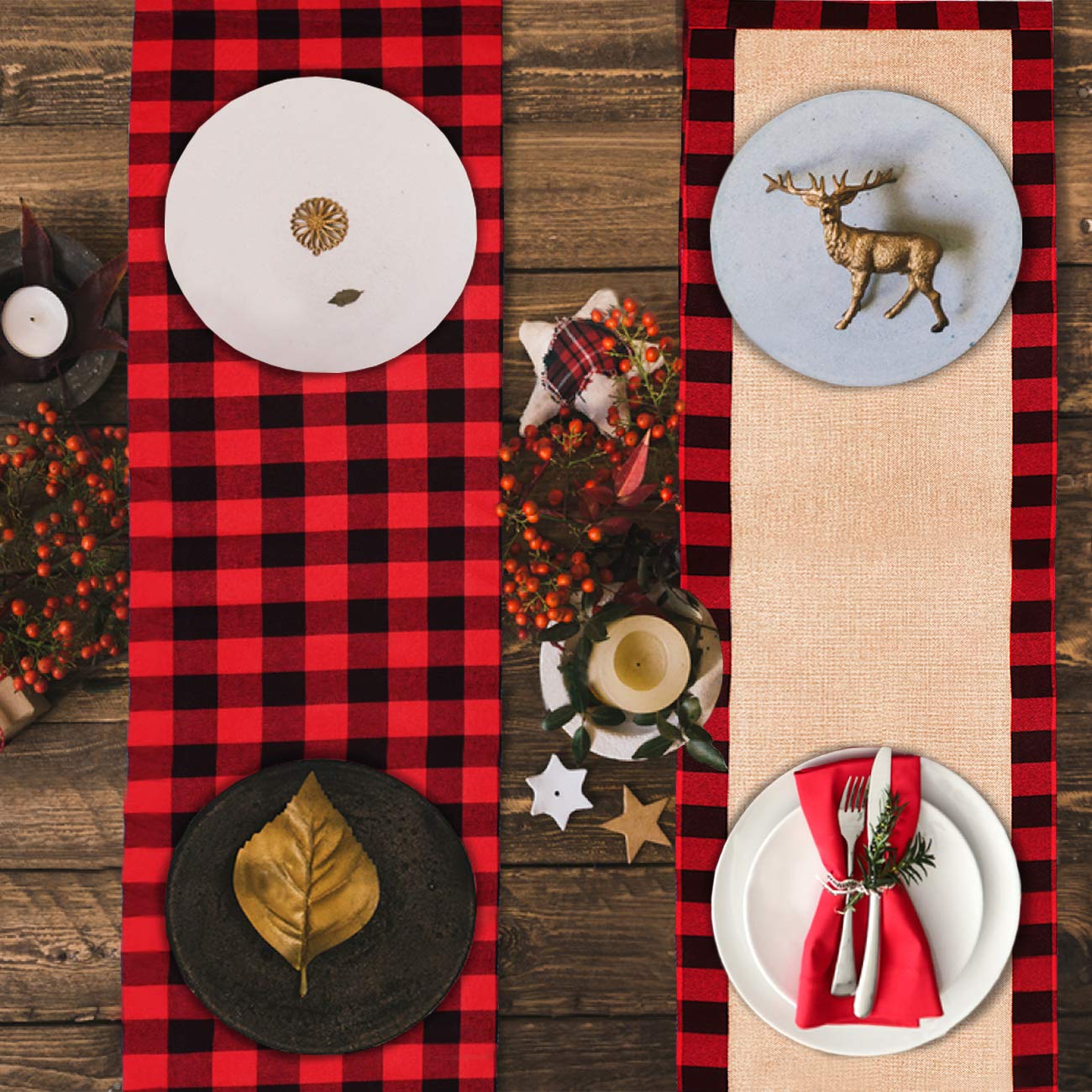 Senneny Buffalo Plaid Table Runner, Reversible Burlap & Cotton Table Runner, Farmhouse Buffalo Check Table Runner For Christmas