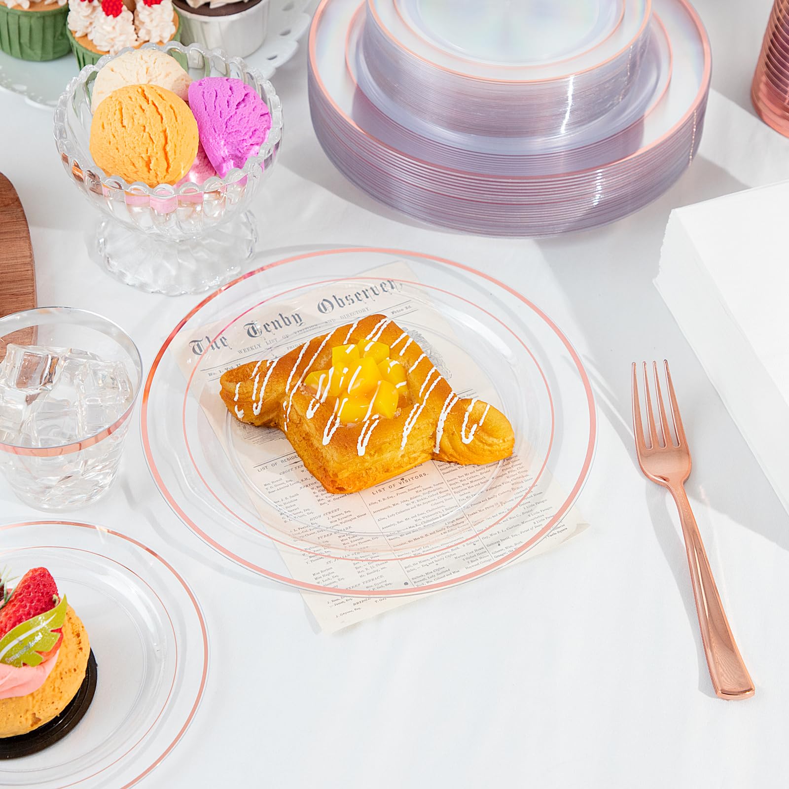 Gather 350Pcs Rose Gold Plastic Plates - Disposable Rose Gold Dinnerware Includes 100 Clear Rose Gold Rimmed Plastic Plates, 150