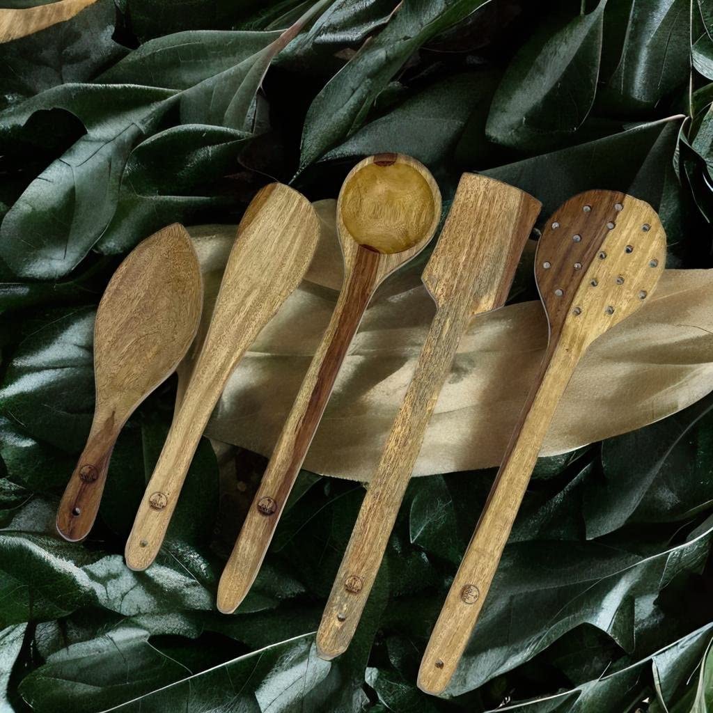 Palm Naki Indian Rosewood Cooking Spoons Set Of 5 Cooking Spoons - 5 Non-Stick Wood Cooking Spoons - Kitchen Cooking Utensils Wi